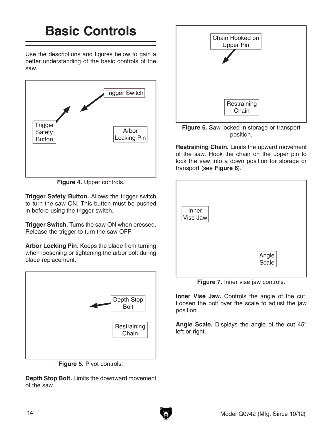 Grizzly G0742 owner manual Basic Controls 