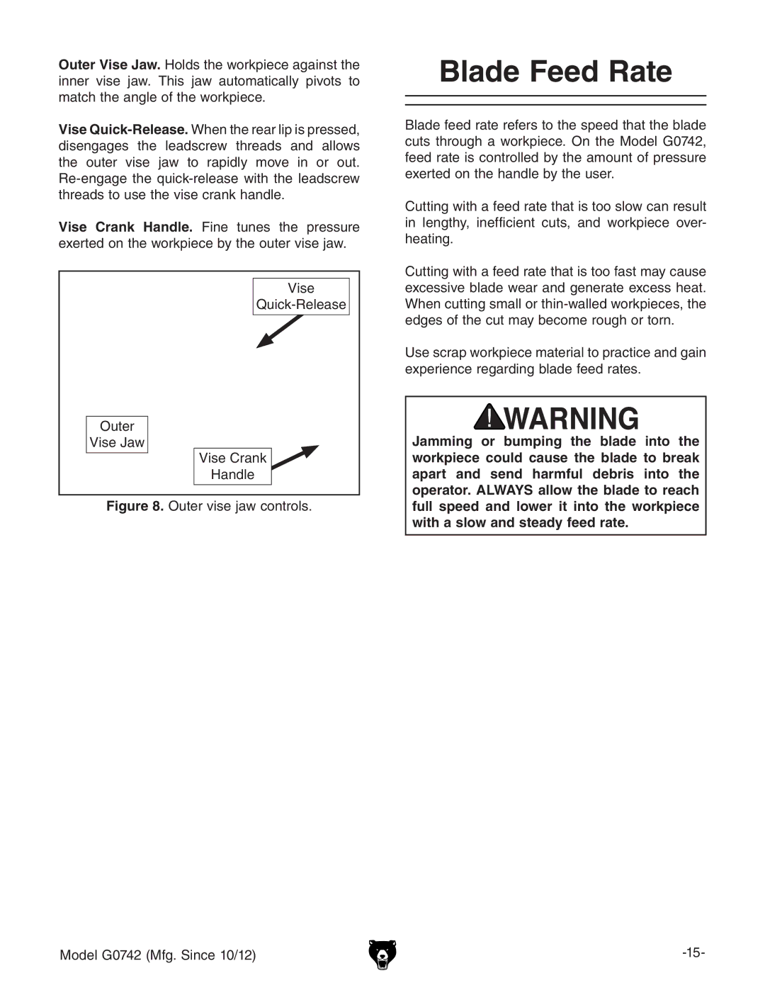 Grizzly G0742 owner manual Blade Feed Rate, KhZ FjX`GZaZVhZ DjiZg KhZ?Vl KhZ8gVc` =VcYaZ 