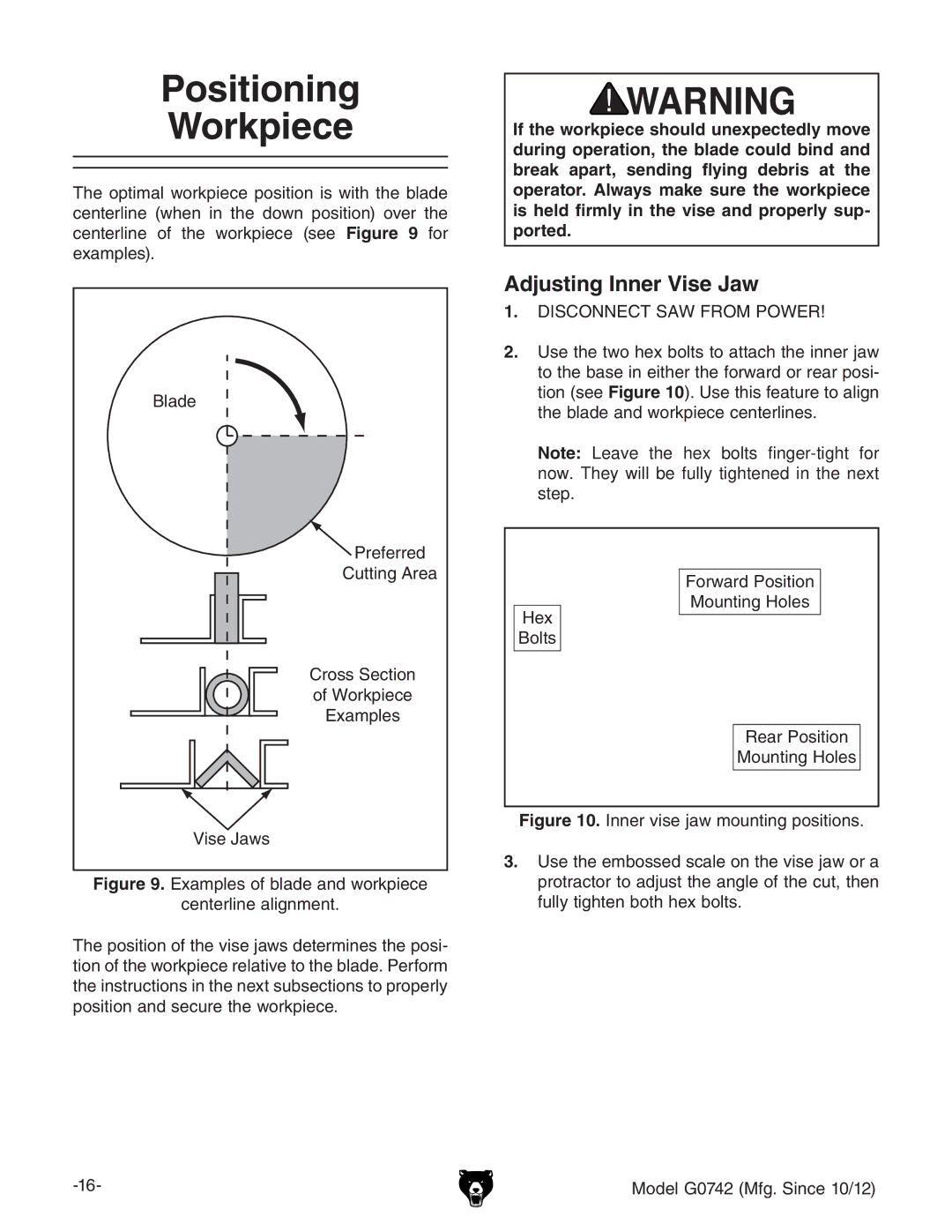 Grizzly G0742 owner manual Positioning Workpiece, Adjusting Inner Vise Jaw 