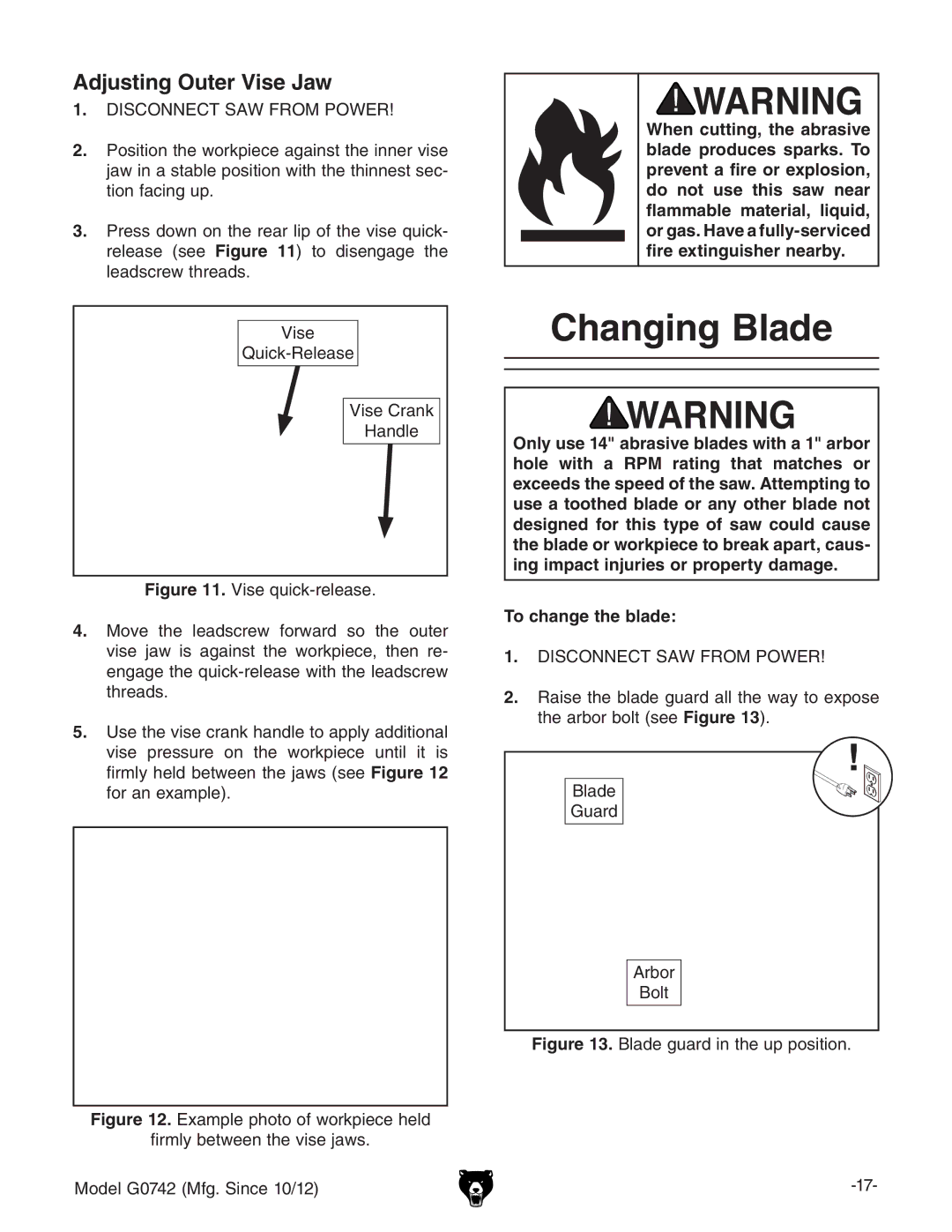 Grizzly G0742 owner manual Changing Blade, Adjusting Outer Vise Jaw, KhZ FjX`GZaZVhZ KhZ8gVc` =VcYaZ, To change the blade 