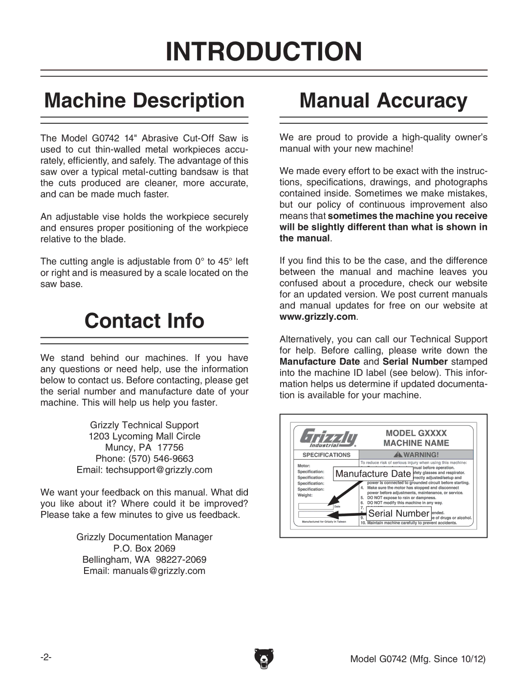 Grizzly G0742 Introduction, Machine Description Manual Accuracy, Contact Info, Gooan9dXjbZciVidcBVcV\Zg #D#7dm%+ 