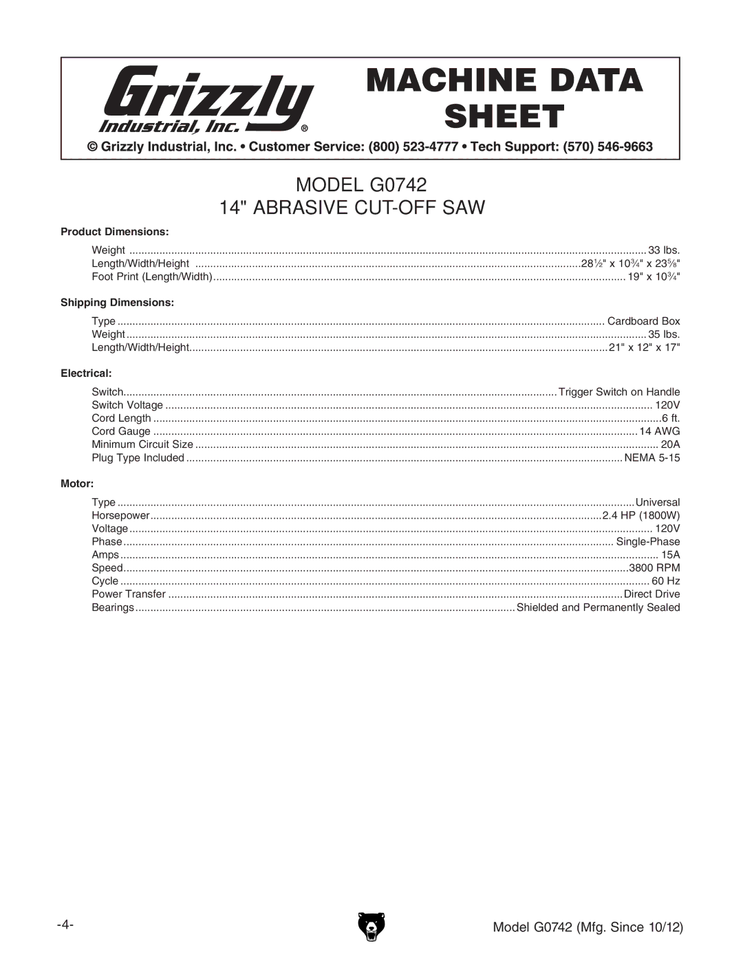 Grizzly owner manual Model G0742 Abrasive CUT-OFF SAW 