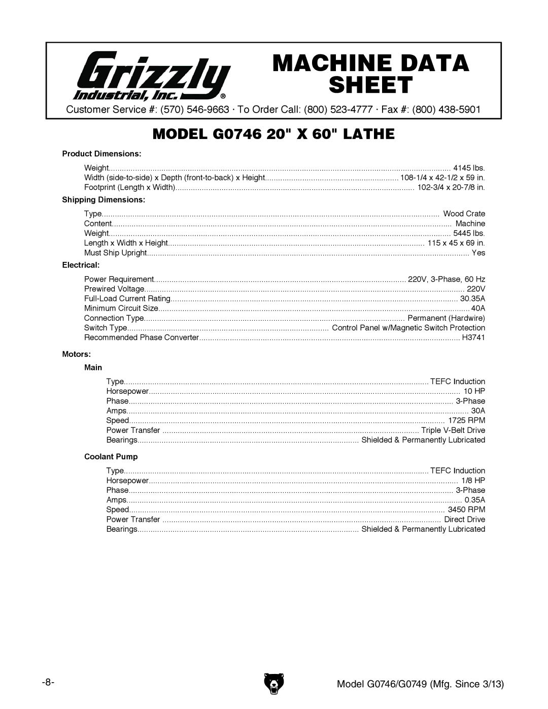 Grizzly g0746, g0749 owner manual Machine Data Sheet 