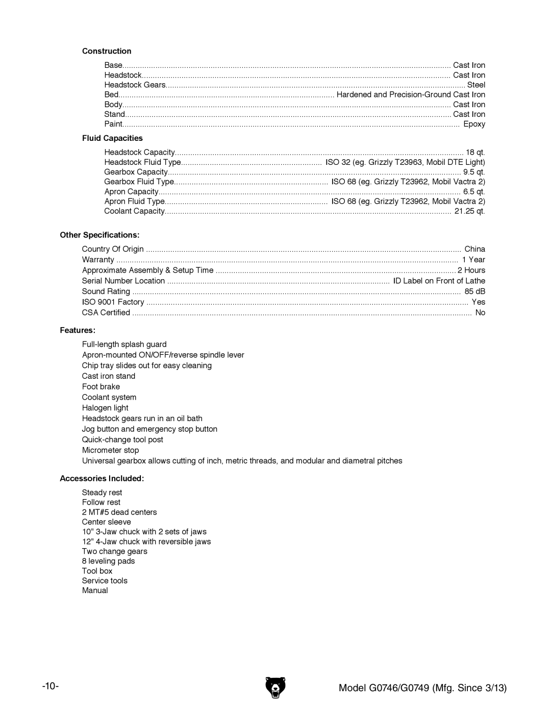 Grizzly g0746, g0749 owner manual Construction 