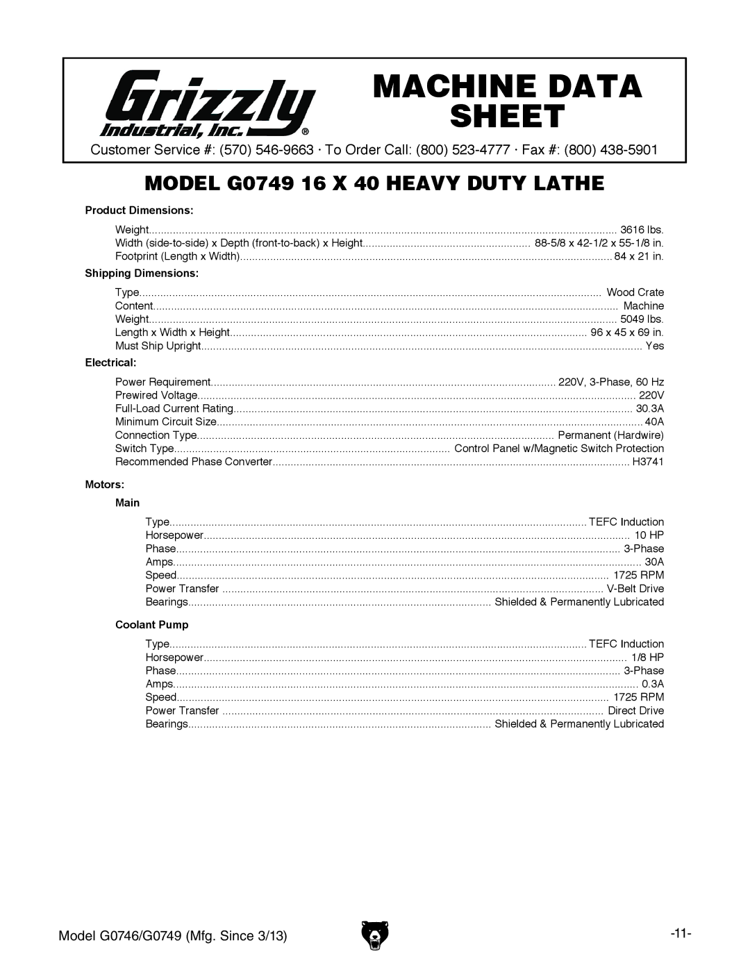 Grizzly g0749, g0746 owner manual Model G0749 16 X 40 Heavy Duty Lathe 