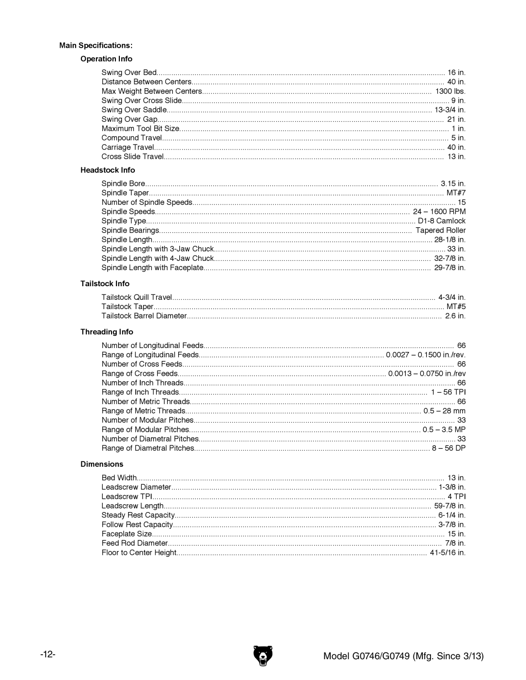 Grizzly g0746, g0749 owner manual 13-3/4 