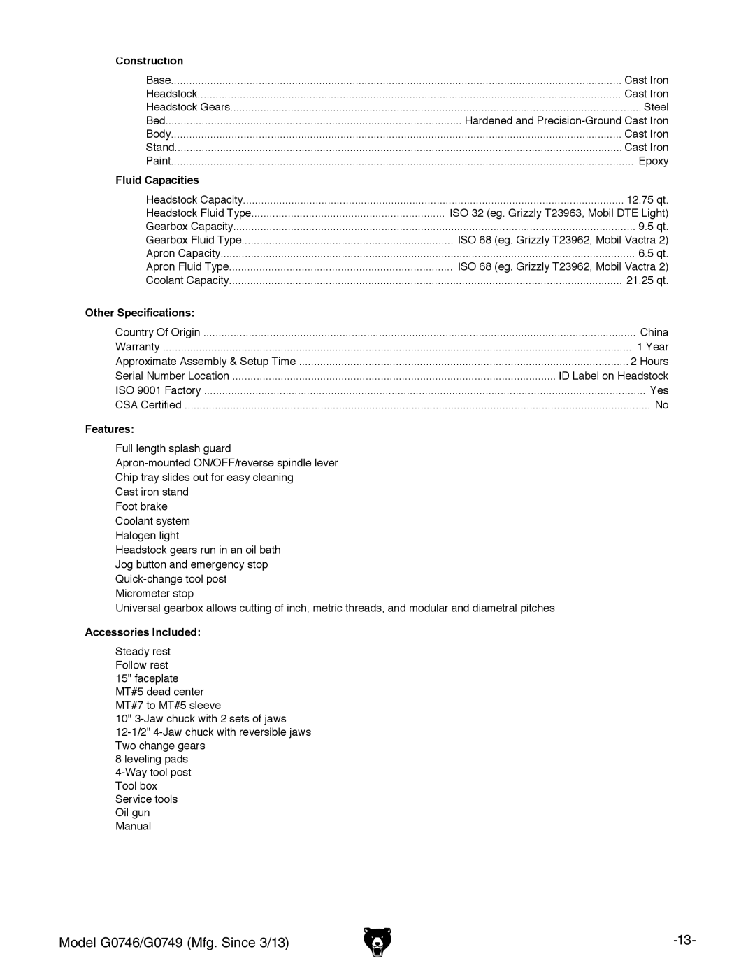 Grizzly g0749, g0746 owner manual 12.75 qt 