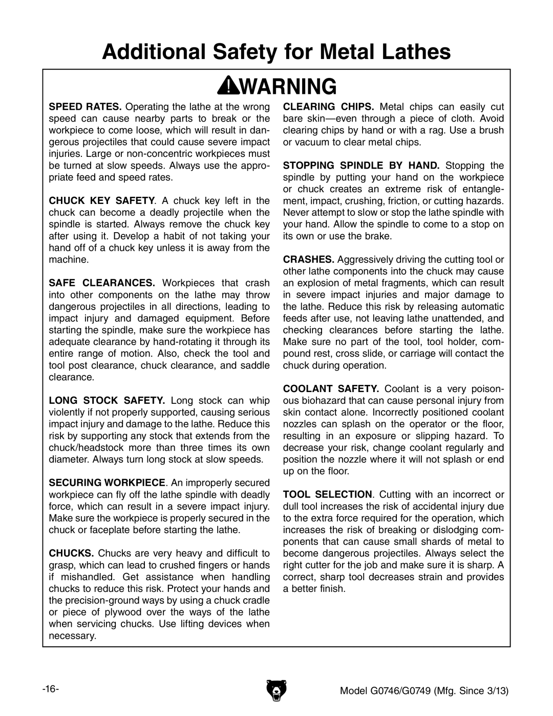 Grizzly g0746, g0749 owner manual Additional Safety for Metal Lathes 