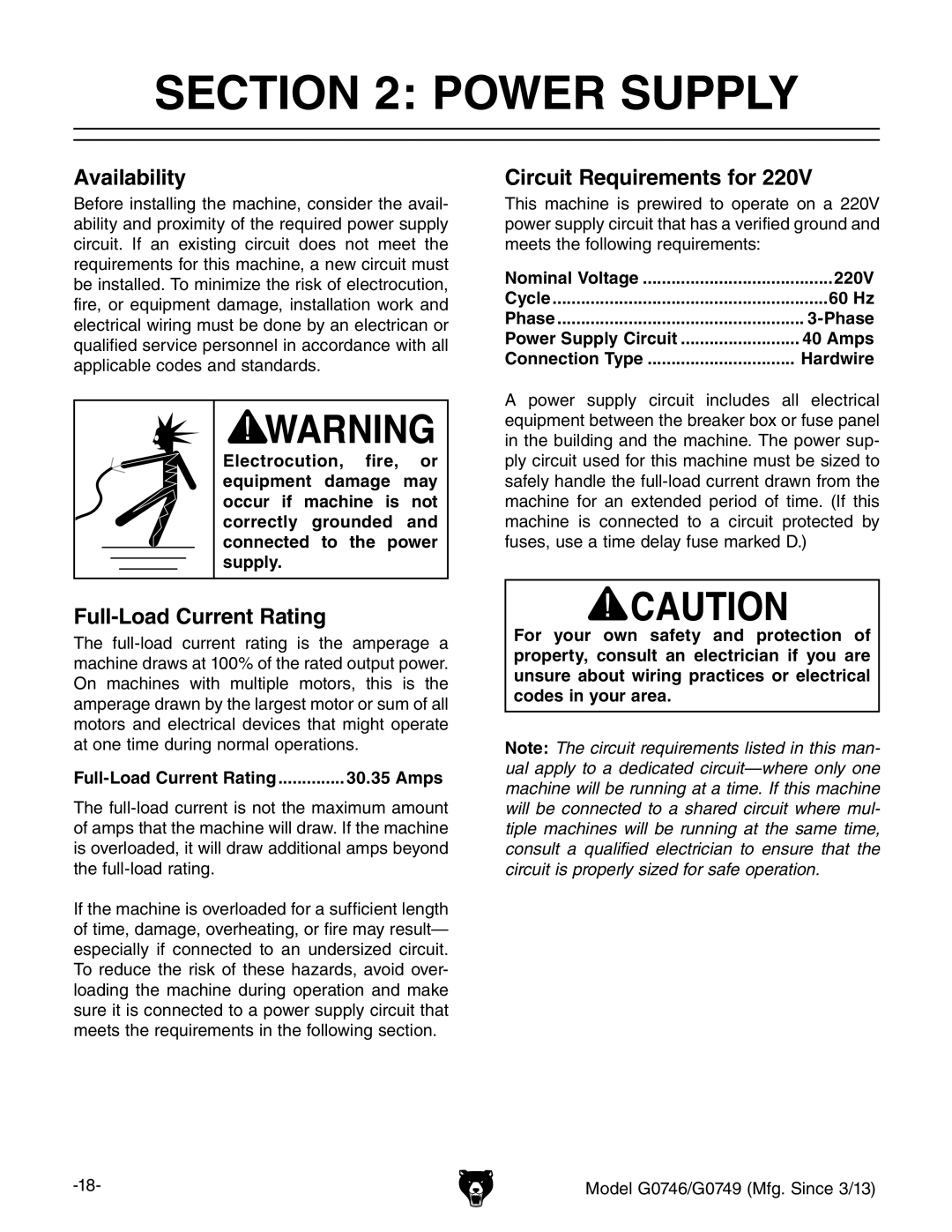 Grizzly g0746, g0749 owner manual Availability, Full-Load Current Rating, Circuit Requirements for 