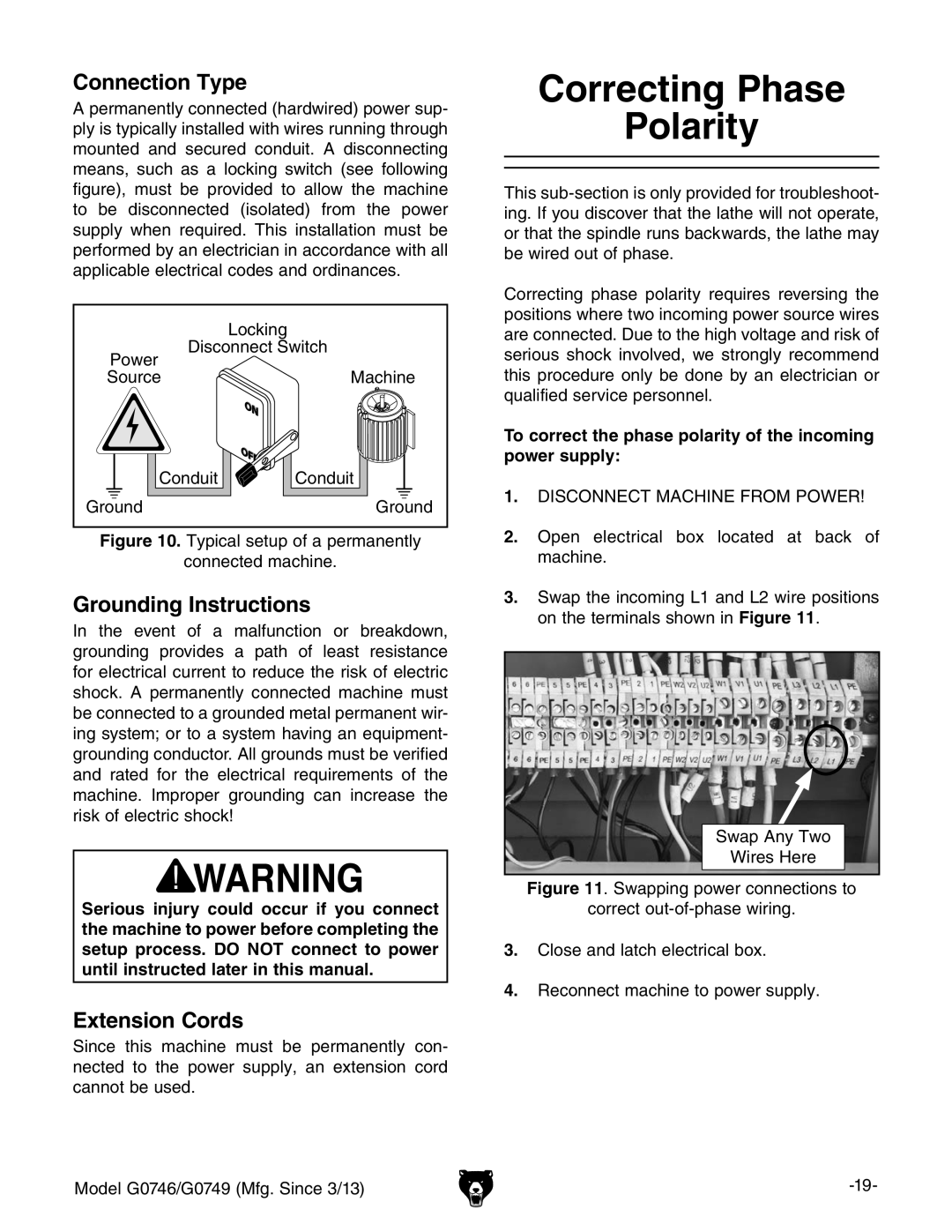 Grizzly g0749, g0746 owner manual Correcting Phase Polarity, Connection Type, Grounding Instructions, Extension Cords 