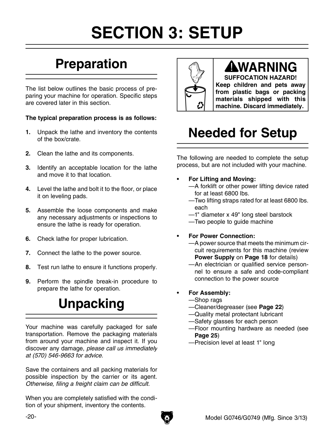 Grizzly g0746, g0749 owner manual Preparation, Unpacking, Needed for Setup 