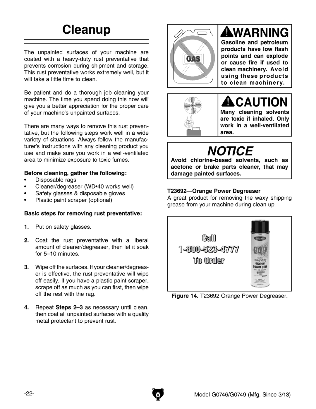 Grizzly g0746, g0749 owner manual Cleanup, Before cleaning, gather the following, Basic steps for removing rust preventative 