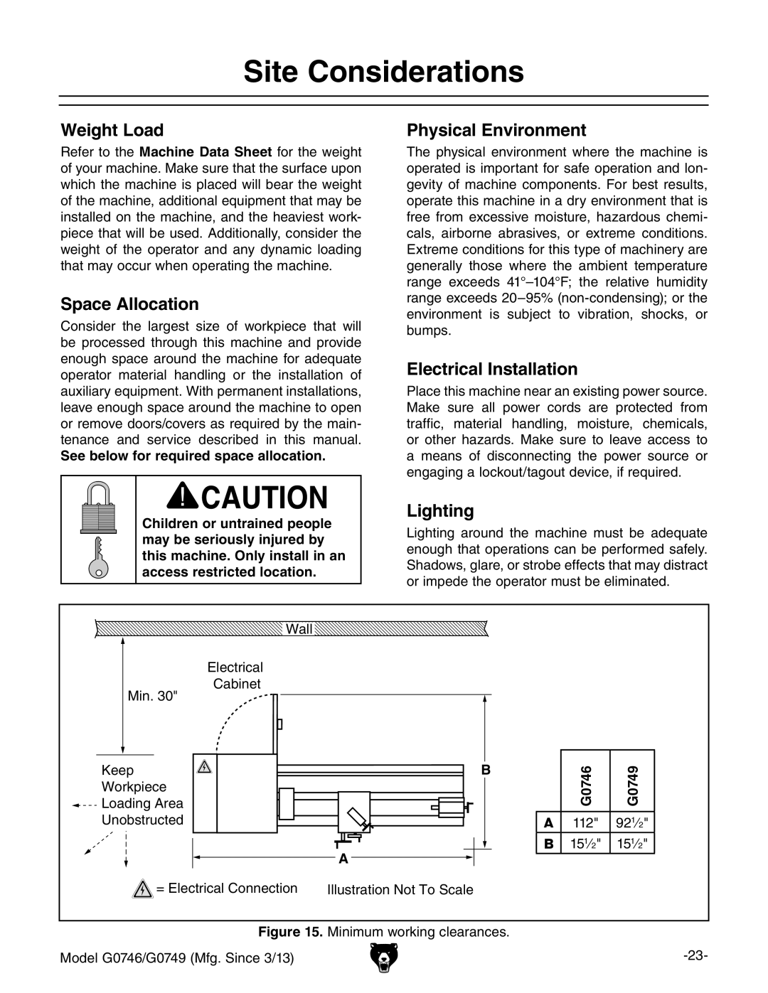 Grizzly g0749, g0746 owner manual Site Considerations 