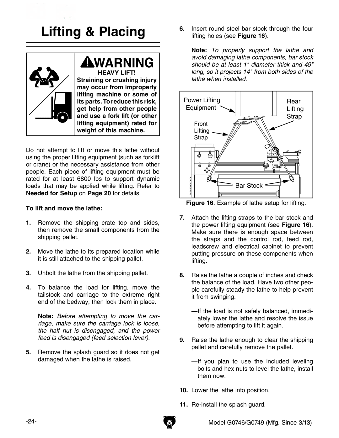 Grizzly g0746, g0749 owner manual Lifting & Placing, HEAvy LifT, To lift and move the lathe 