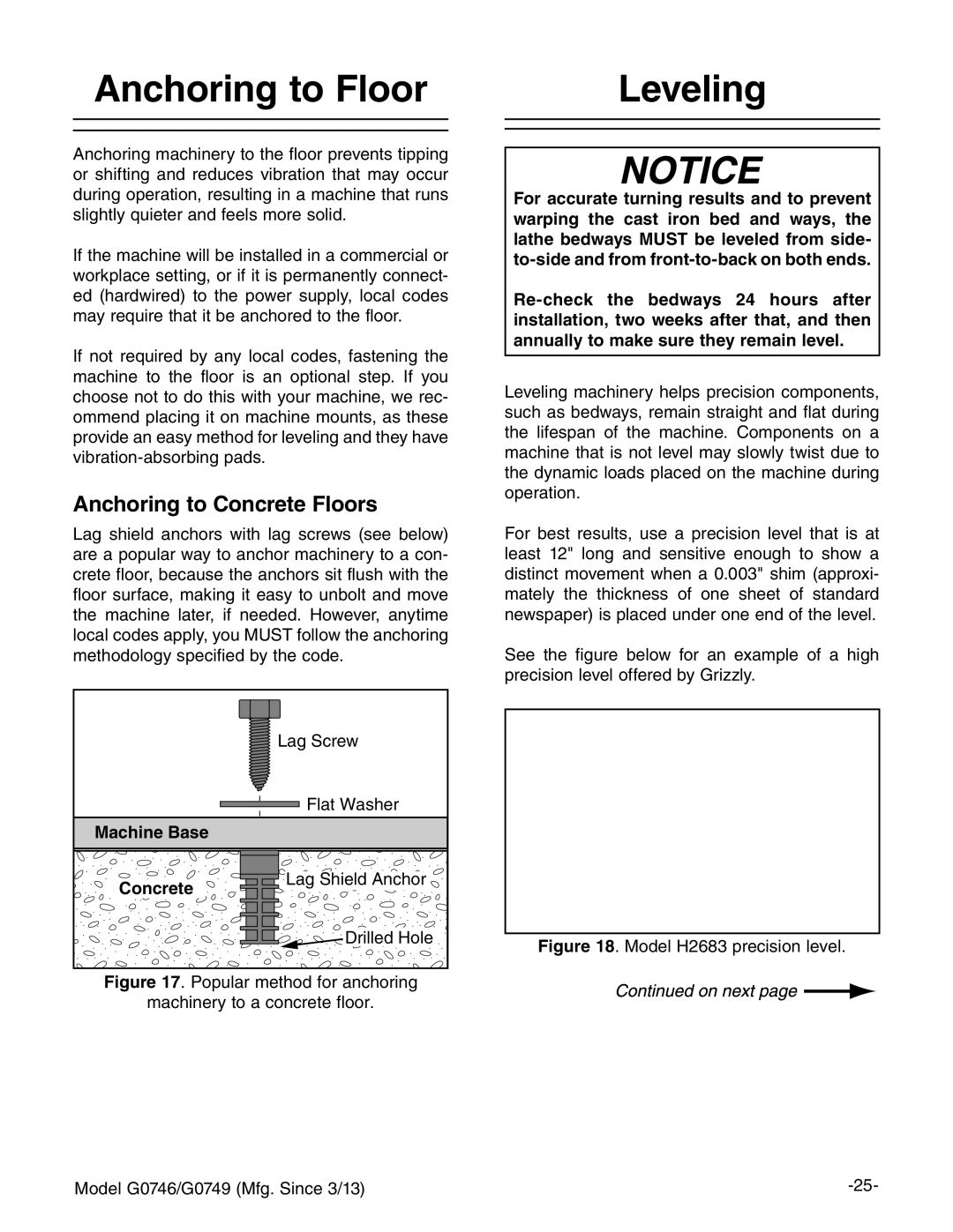 Grizzly g0749, g0746 owner manual Anchoring to Floor Leveling, Anchoring to Concrete Floors, Machine Base Concrete 