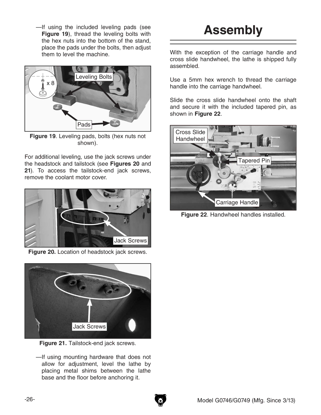 Grizzly g0746, g0749 owner manual Assembly, Location of headstock jack screws 