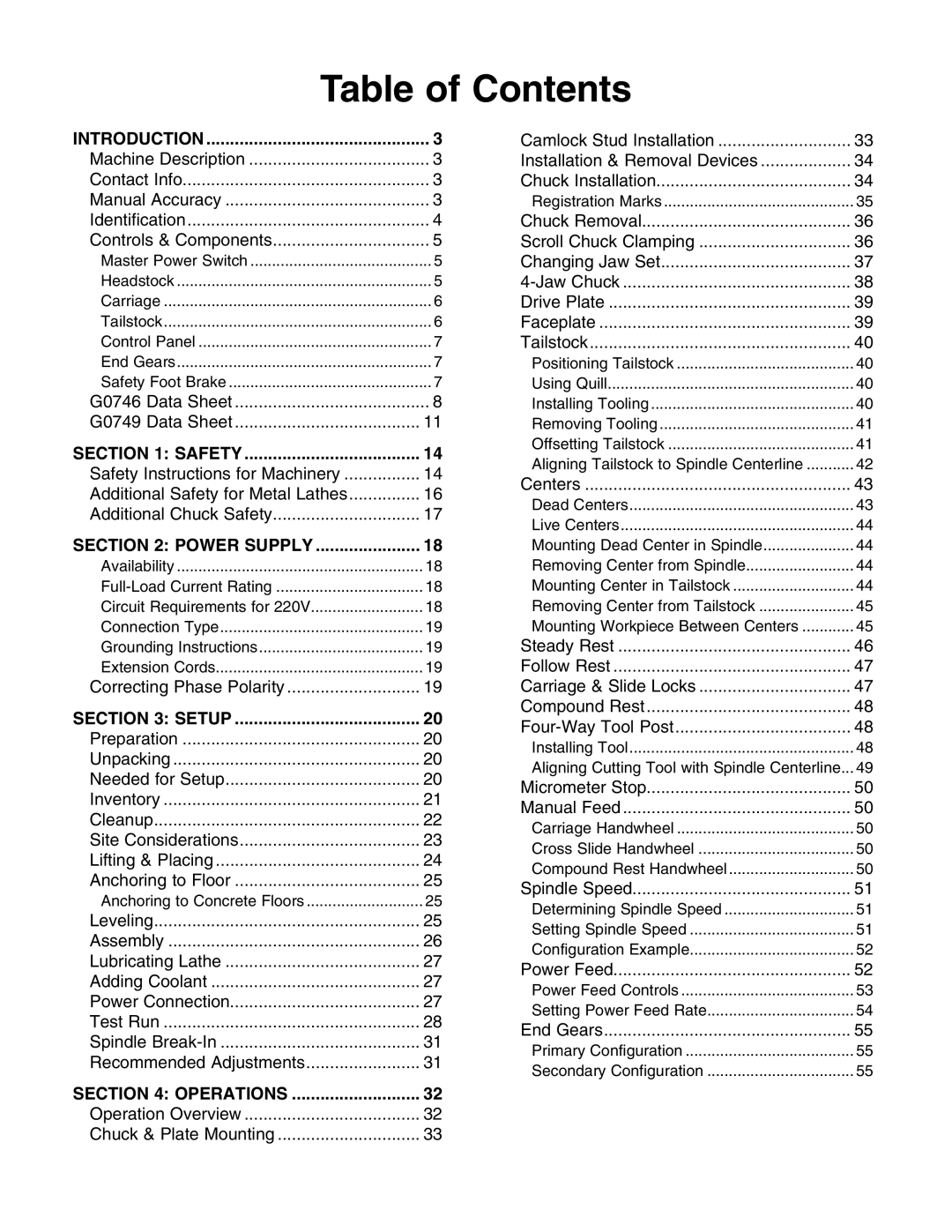 Grizzly g0749, g0746 owner manual Table of Contents 