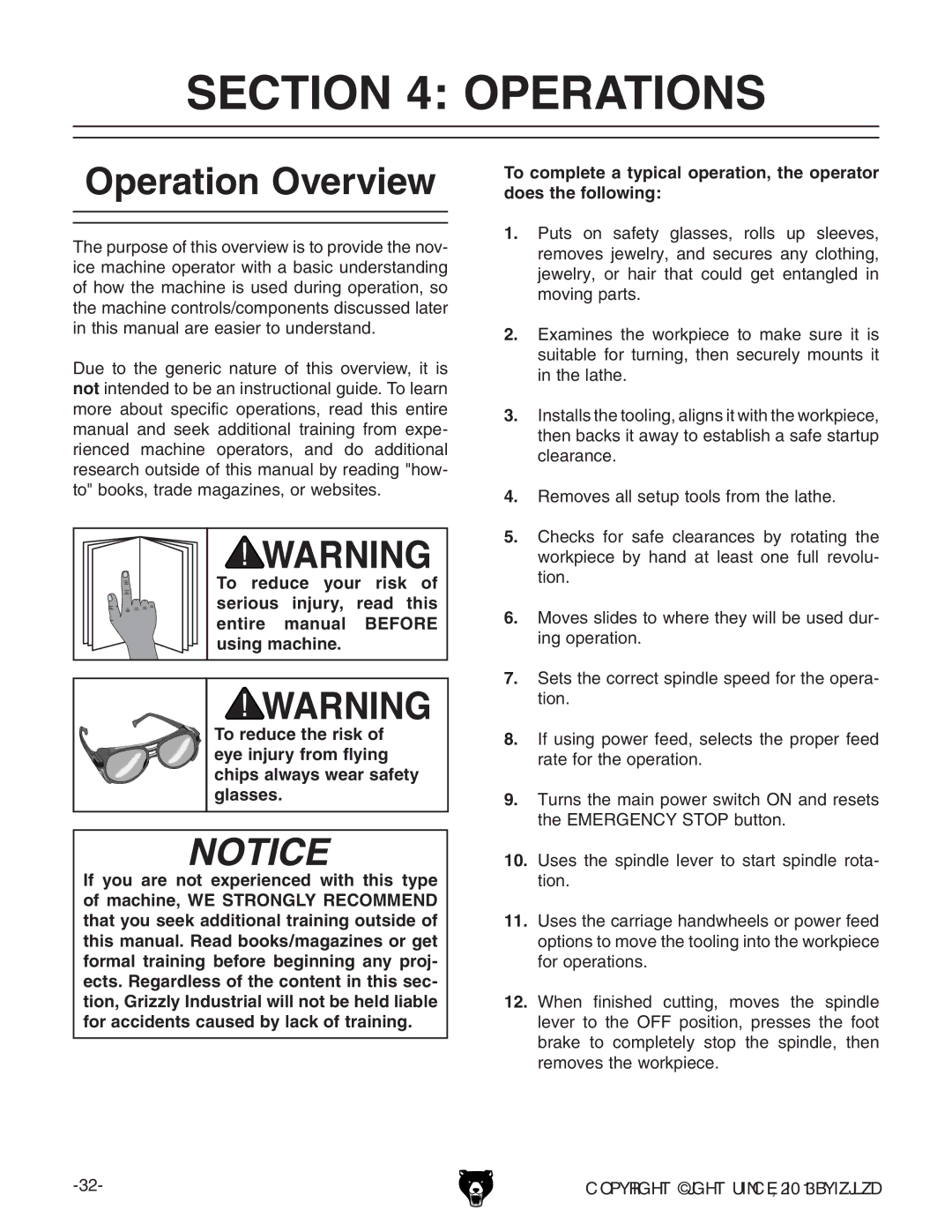 Grizzly g0746, g0749 owner manual Operations, Operation Overview 