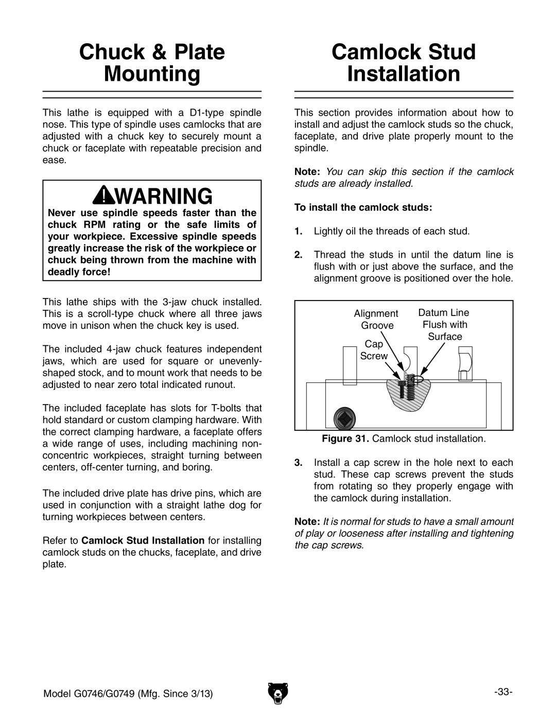 Grizzly g0749, g0746 owner manual Chuck & Plate, To install the camlock studs 