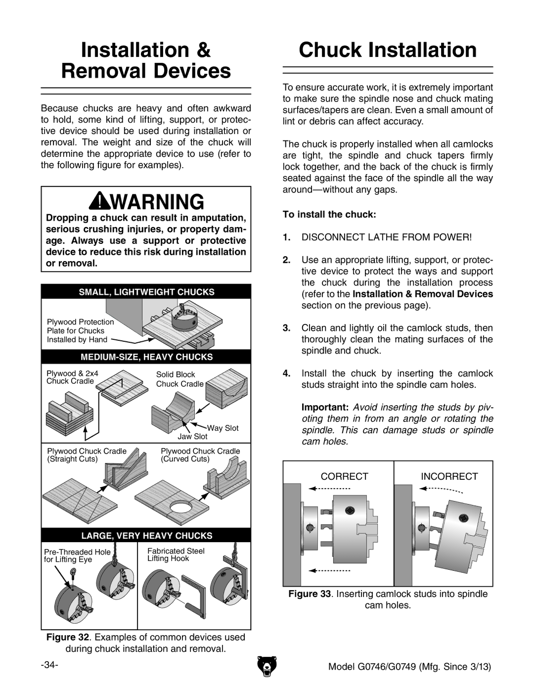 Grizzly g0746, g0749 owner manual Installation Removal Devices, Chuck Installation, To install the chuck 