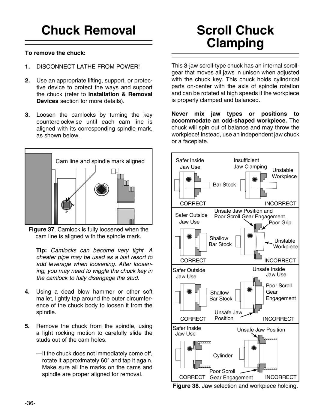 Grizzly g0746, g0749 owner manual Chuck Removal, Scroll Chuck Clamping, To remove the chuck 