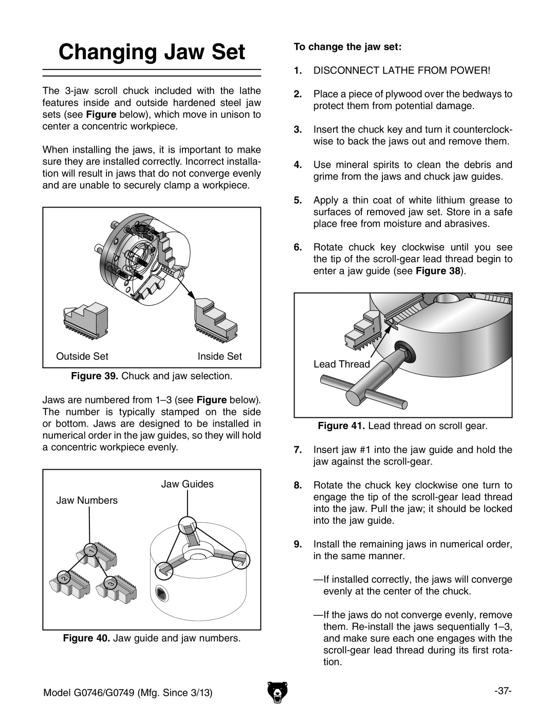 Grizzly g0749, g0746 owner manual Changing Jaw Set, To change the jaw set 