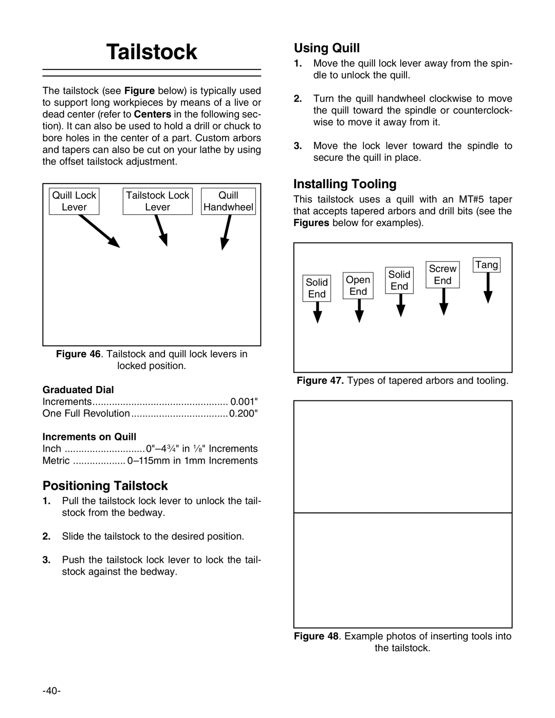 Grizzly g0746, g0749 owner manual Positioning Tailstock, Using Quill, Installing Tooling 