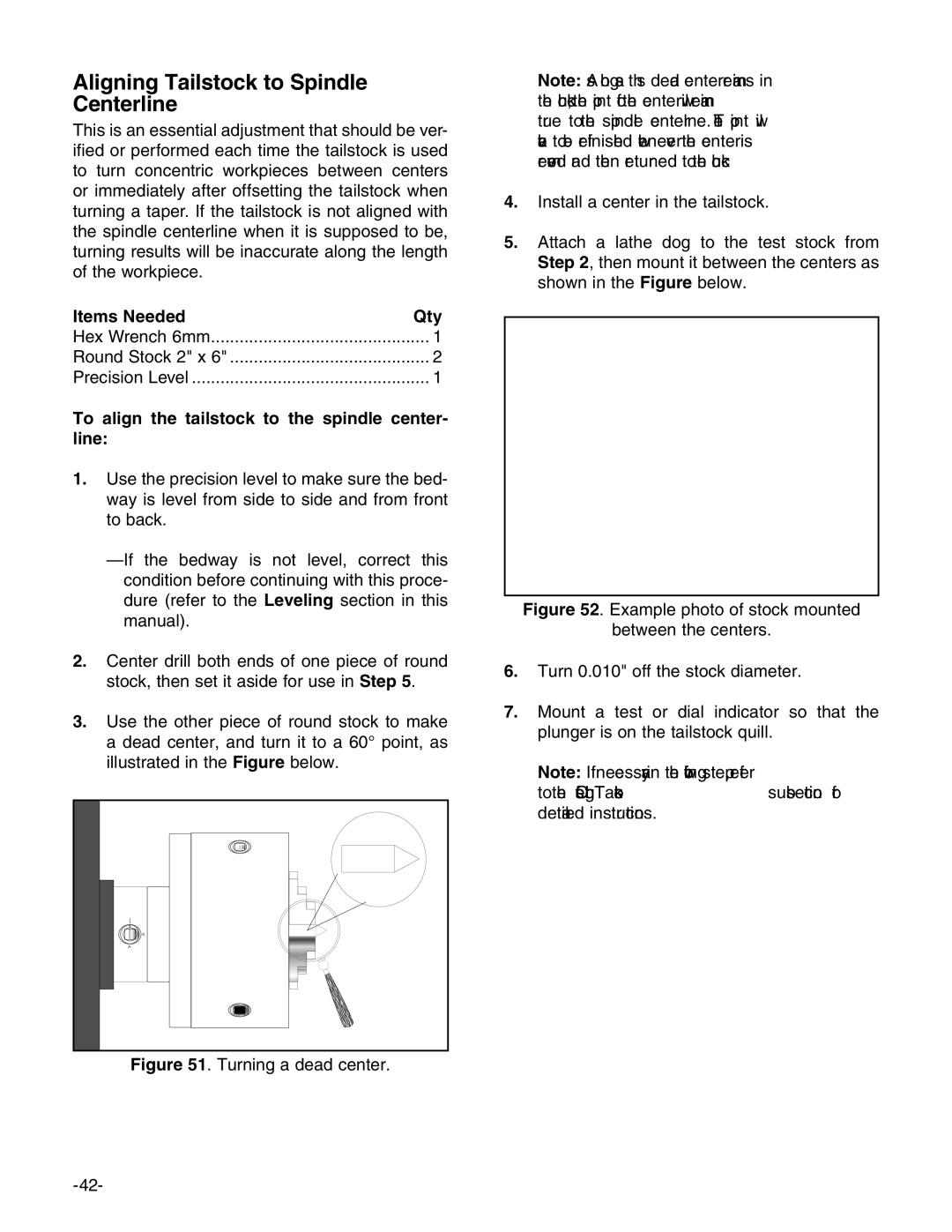 Grizzly g0746, g0749 owner manual Aligning Tailstock to Spindle Centerline, Items Needed Qty 