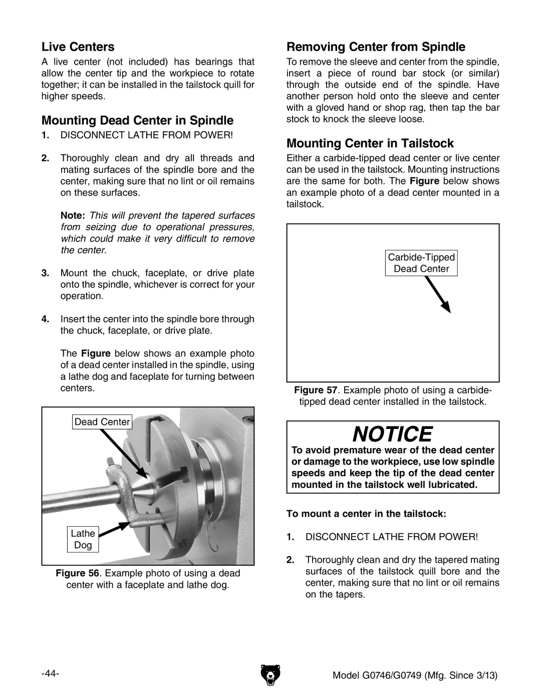 Grizzly g0746 Live Centers, Mounting Dead Center in Spindle, Removing Center from Spindle, Mounting Center in Tailstock 