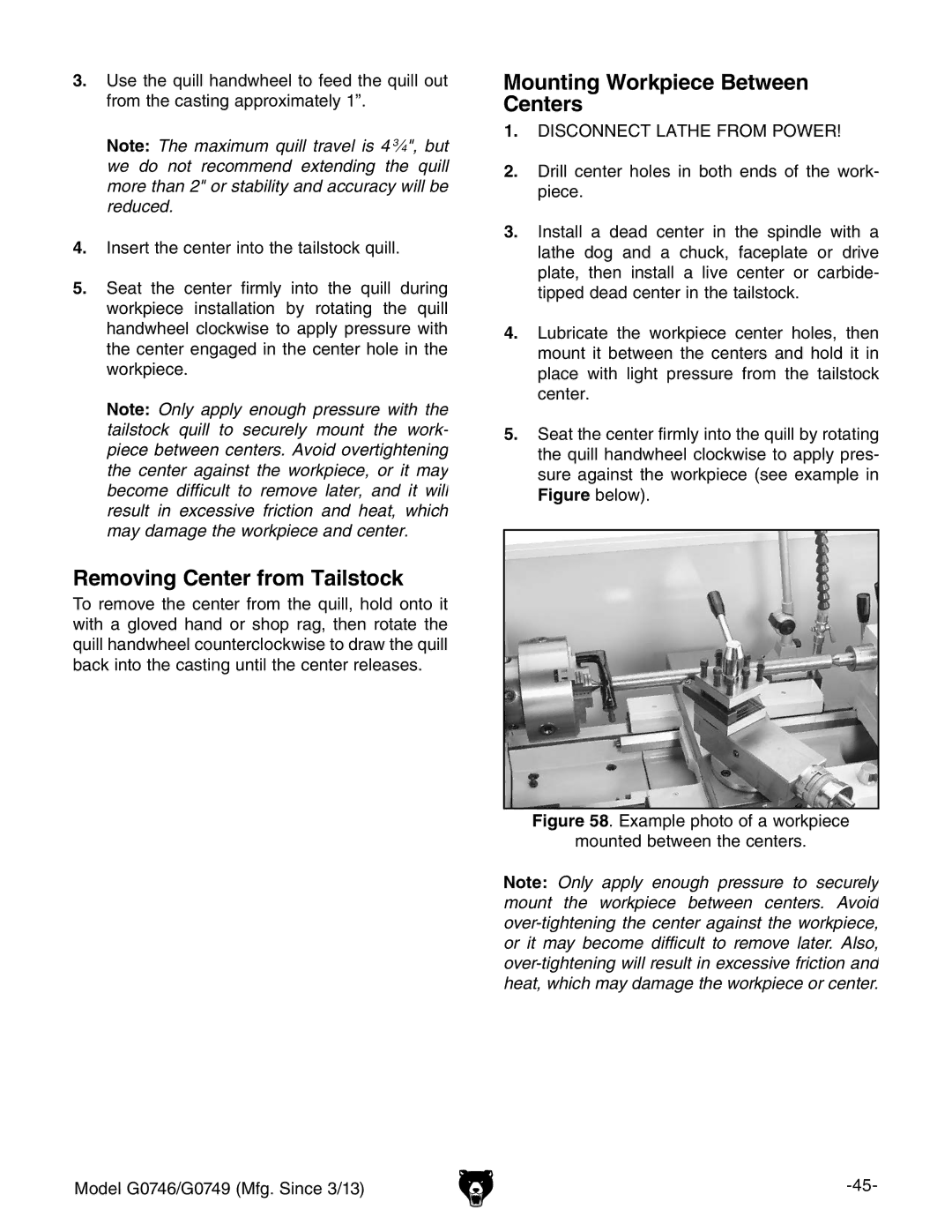 Grizzly g0749, g0746 owner manual Removing Center from Tailstock, Mounting Workpiece Between Centers 