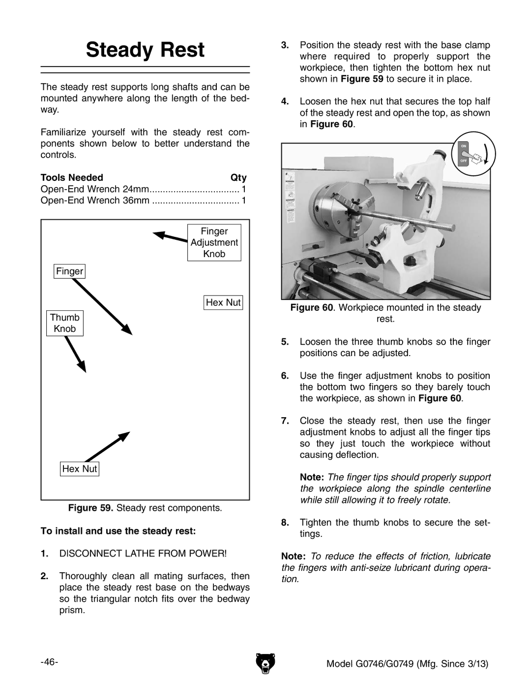 Grizzly g0746, g0749 owner manual Steady Rest, Tools Needed Qty, To install and use the steady rest 