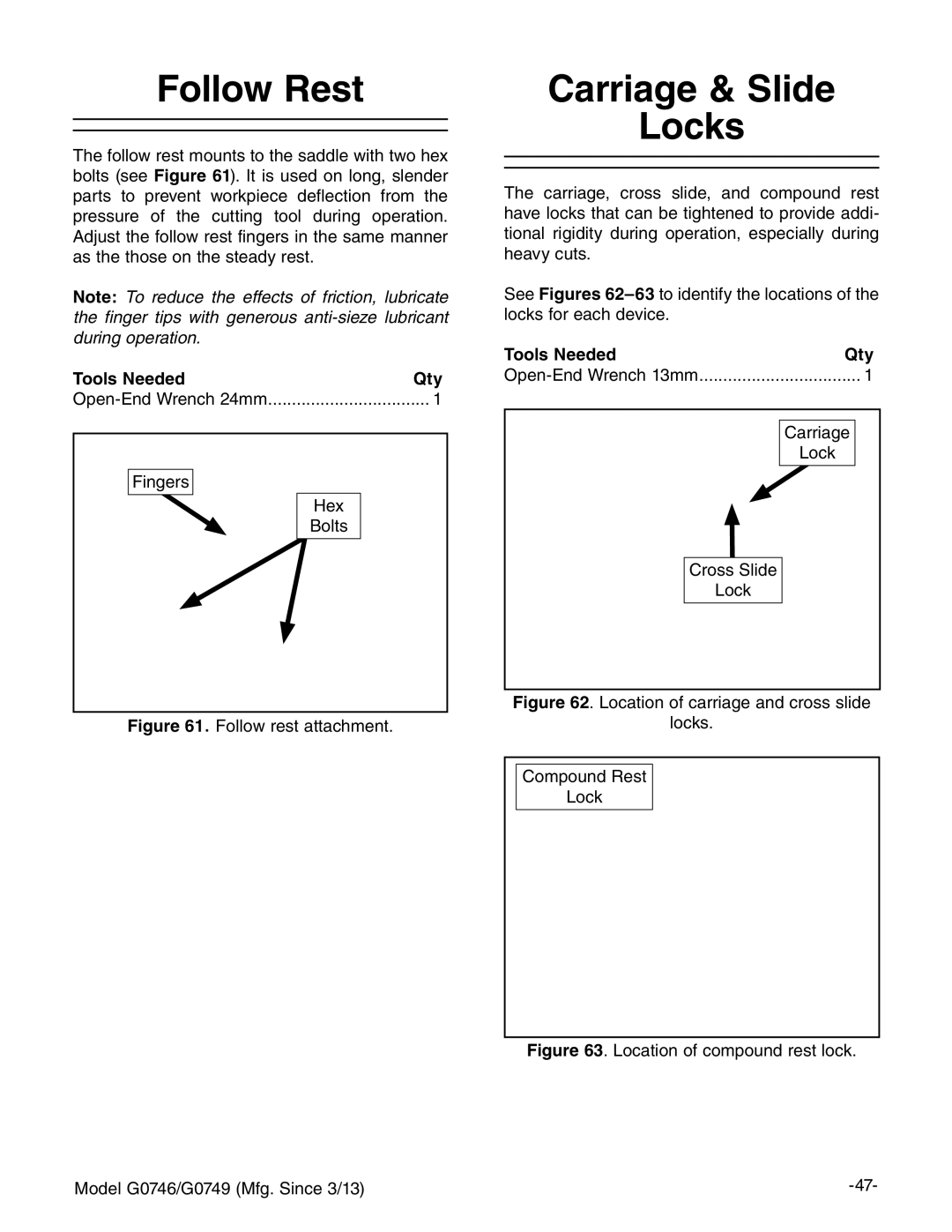 Grizzly g0749, g0746 owner manual Follow Rest, Carriage & Slide Locks 