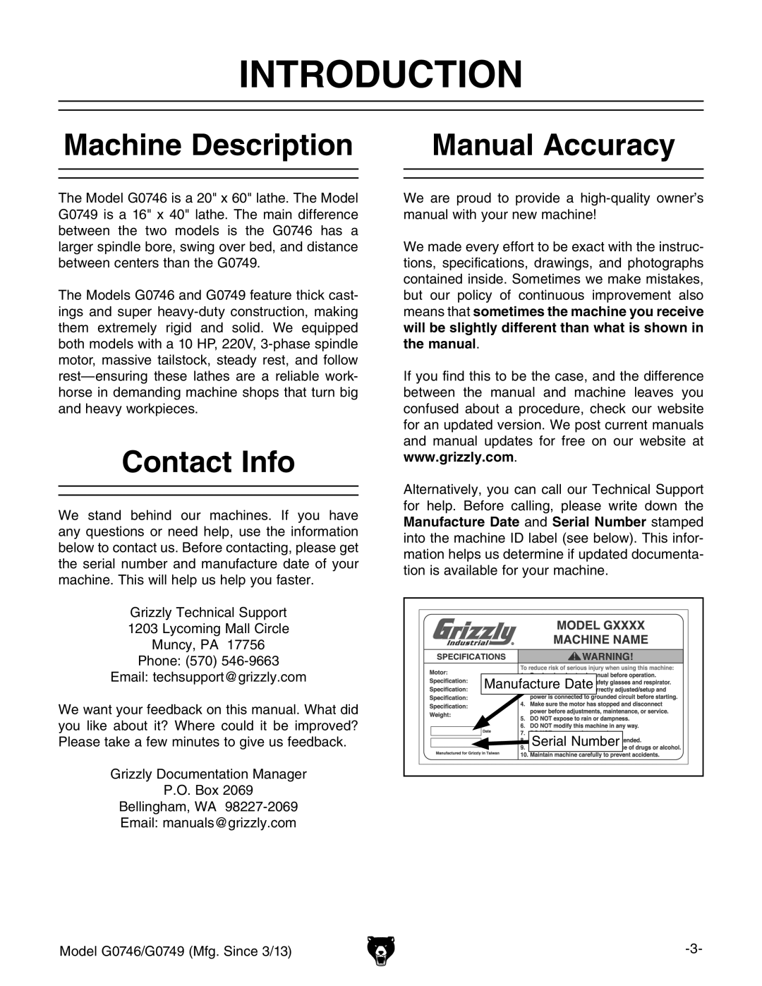 Grizzly g0749, g0746 owner manual Introduction, Machine Description Manual Accuracy, Contact Info 