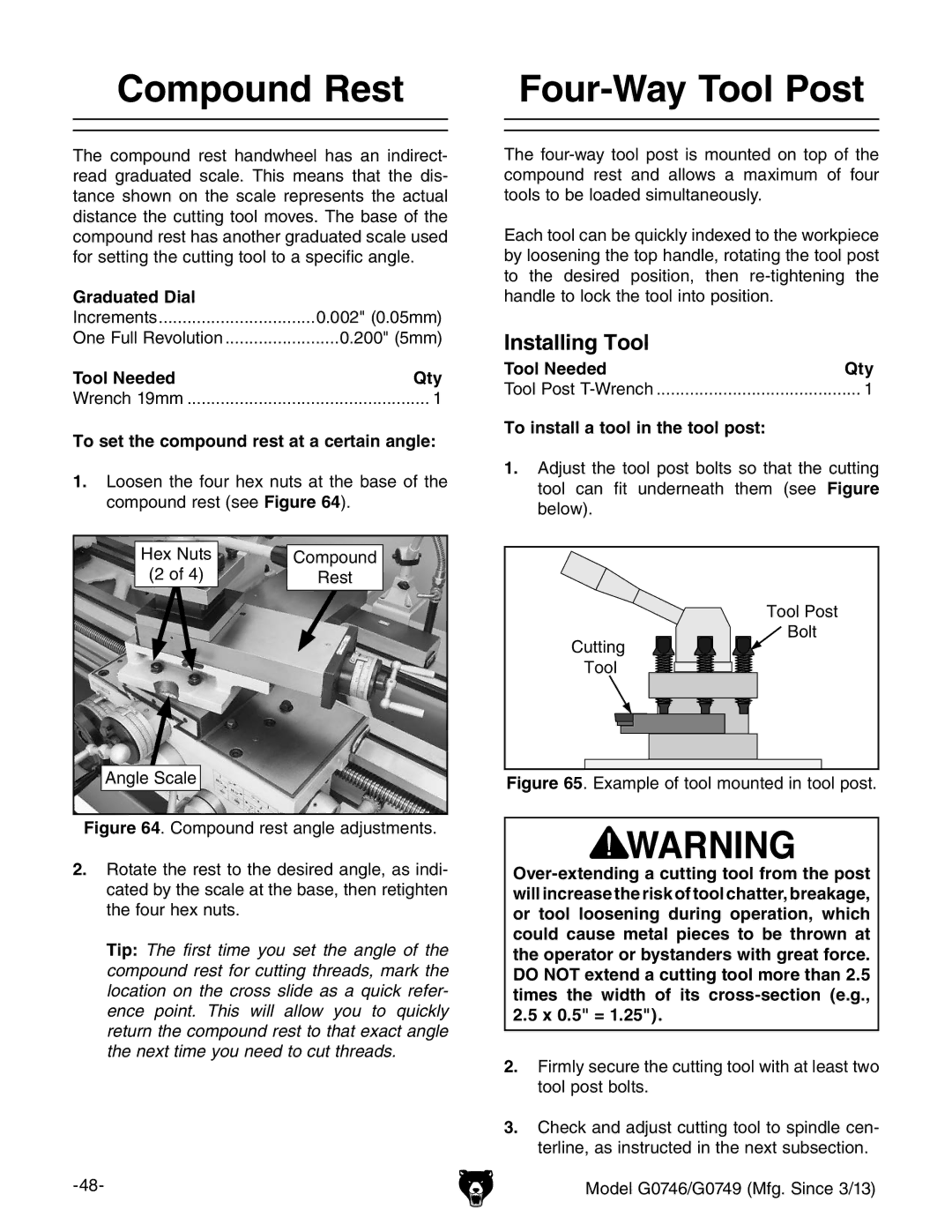 Grizzly g0746 Compound Rest Four-Way Tool Post, Tool Needed Qty, To set the compound rest at a certain angle, X 0.5 = 