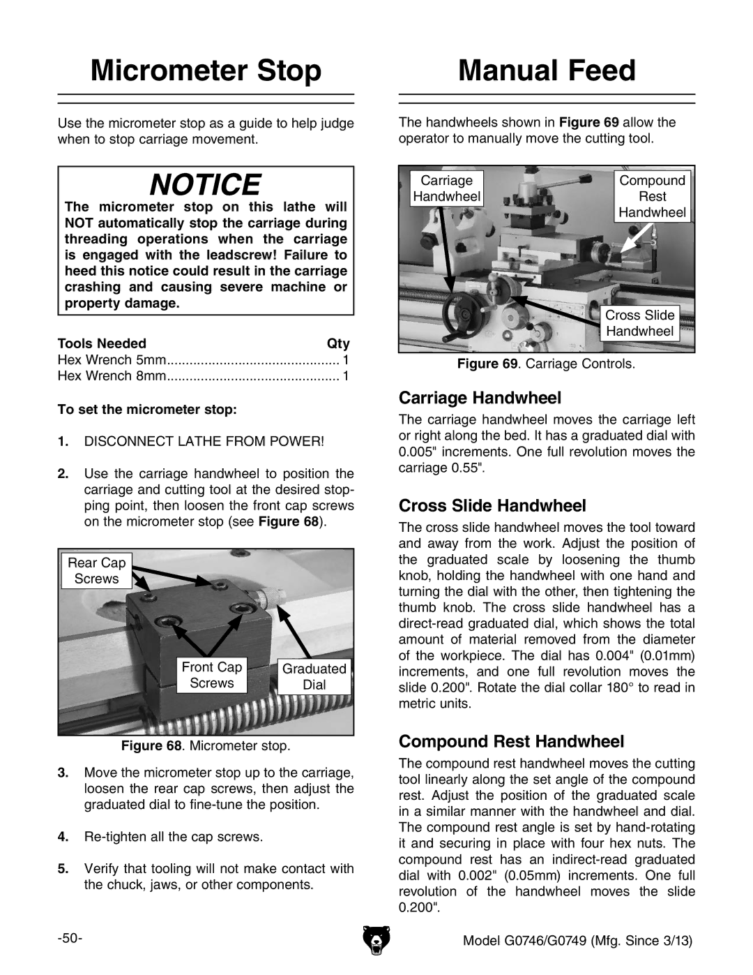 Grizzly g0746, g0749 Micrometer Stop, Manual Feed, Carriage Handwheel, Cross Slide Handwheel, Compound Rest Handwheel 