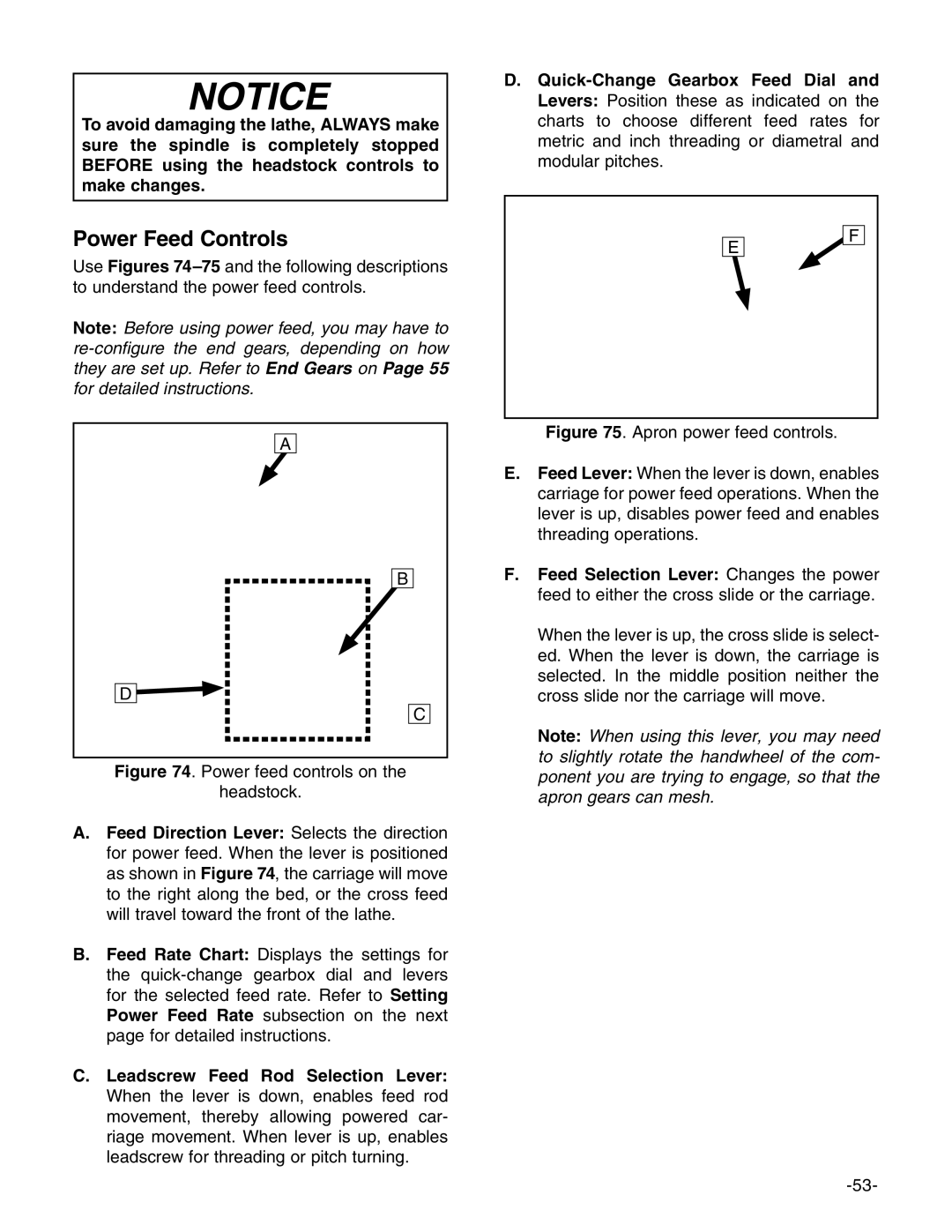 Grizzly g0749, g0746 owner manual Power Feed Controls 