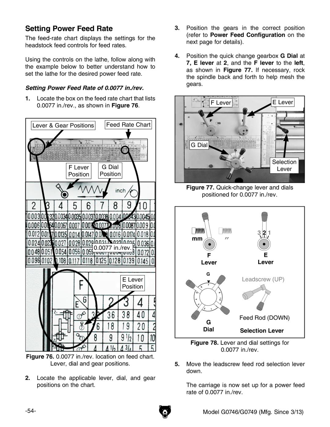 Grizzly g0746, g0749 owner manual Setting Power Feed Rate, Leadscrew UP, Dial Selection Lever 
