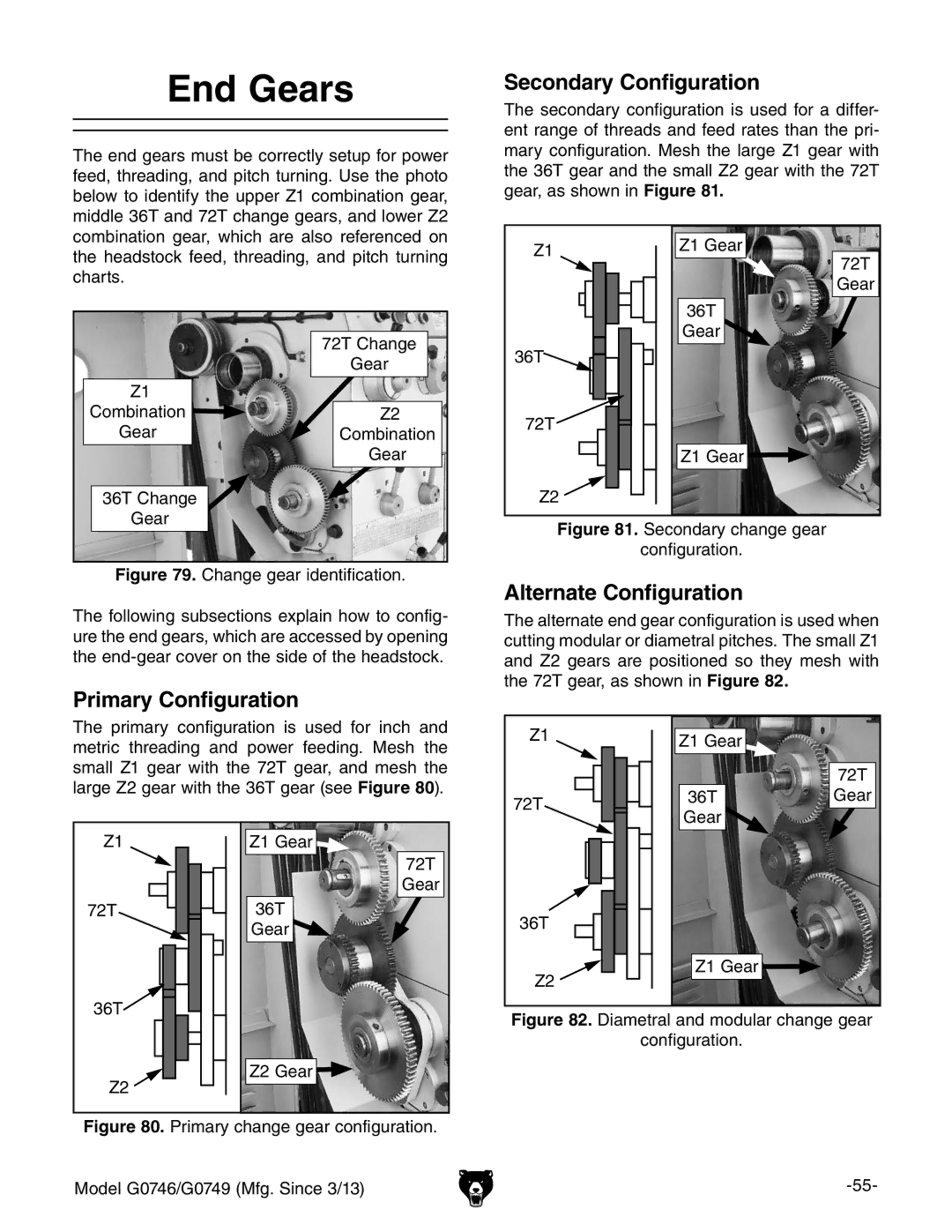 Grizzly g0749, g0746 owner manual End Gears, Primary Configuration, Secondary Configuration, Alternate Configuration 