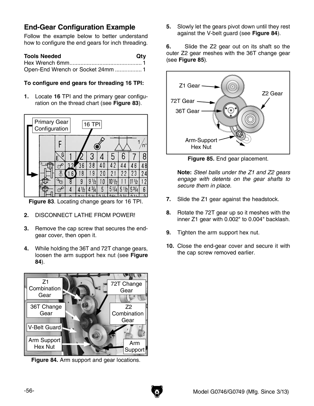 Grizzly g0746, g0749 owner manual End-Gear Configuration Example, To configure end gears for threading 16 TPI 