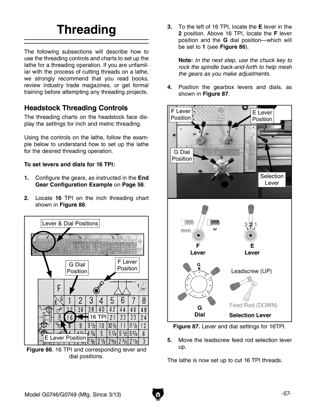 Grizzly g0749, g0746 owner manual Headstock Threading Controls, To set levers and dials for 16 TPI 