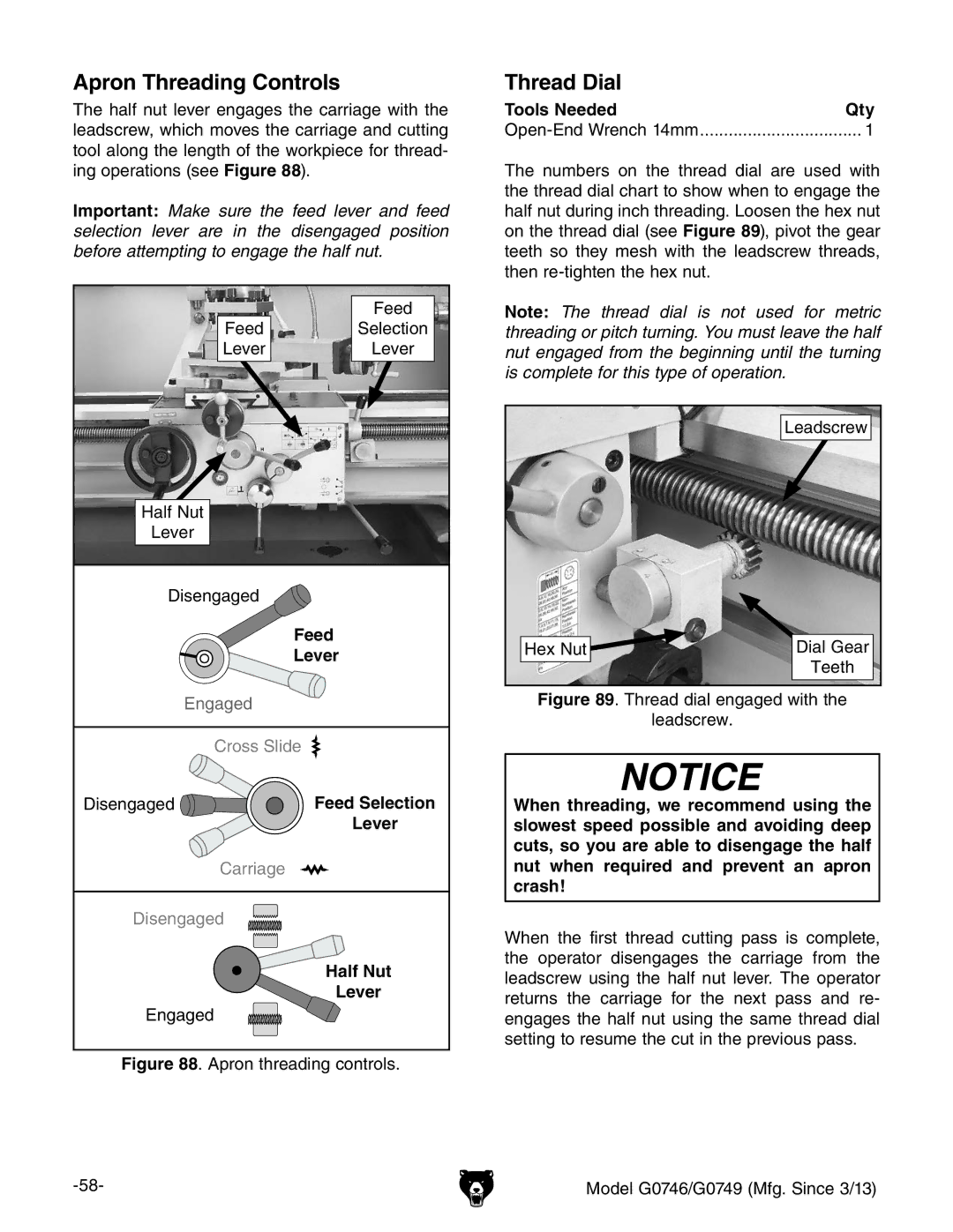 Grizzly g0746, g0749 owner manual Apron Threading Controls, Thread Dial 