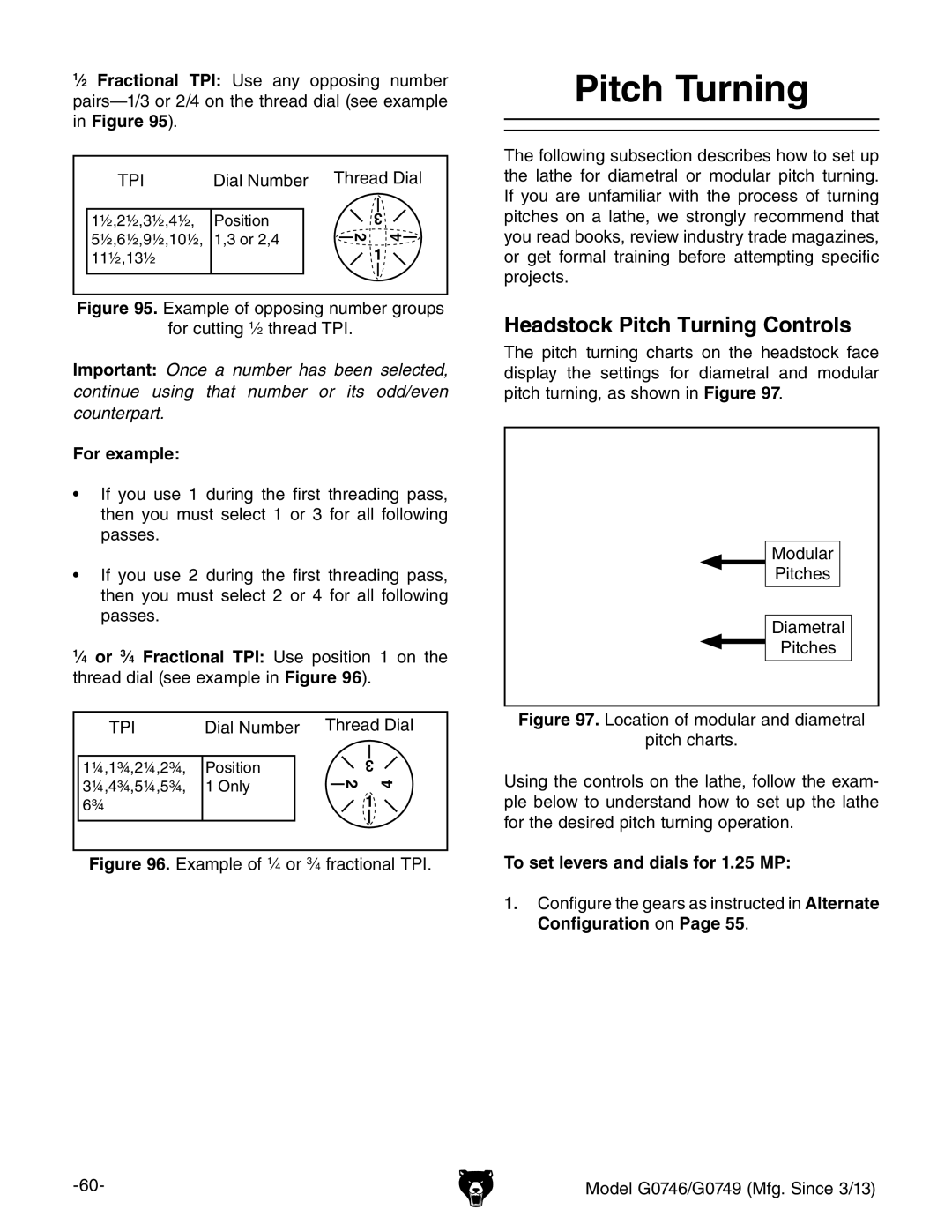 Grizzly g0746, g0749 owner manual Headstock Pitch Turning Controls, For example, To set levers and dials for 1.25 MP 