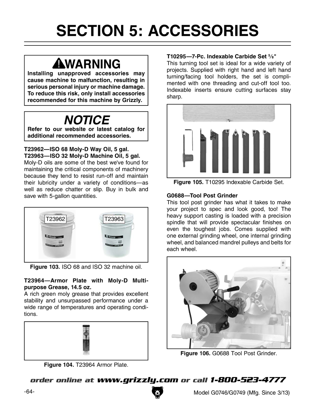 Grizzly g0746, g0749 owner manual Accessories, G0688-Tool Post Grinder 