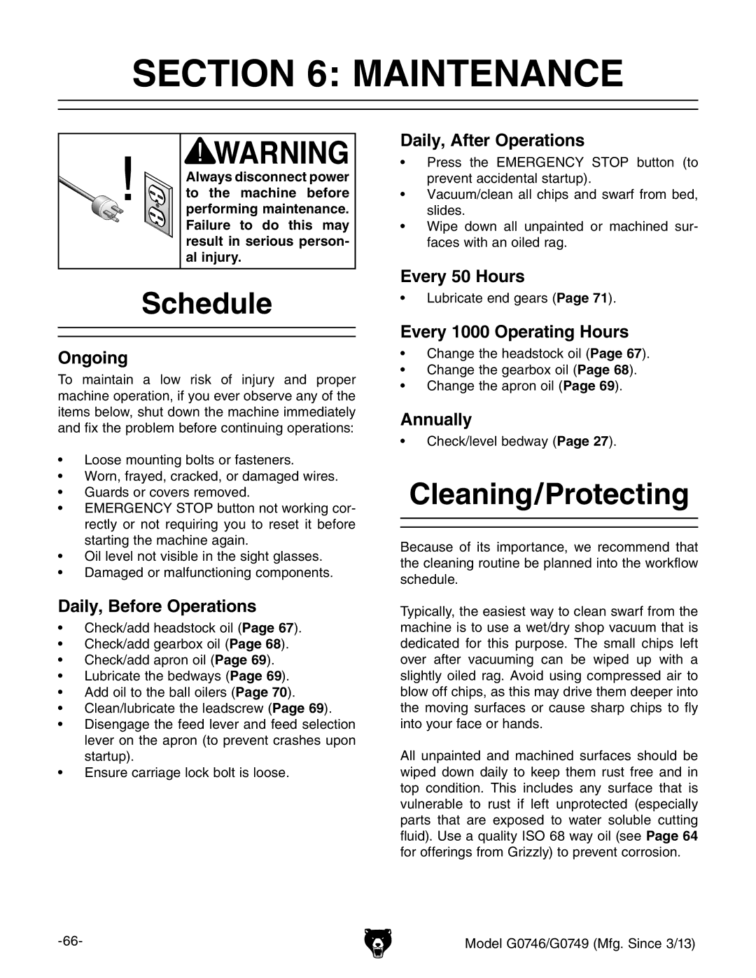 Grizzly g0746, g0749 owner manual Maintenance, Schedule, Cleaning/Protecting 