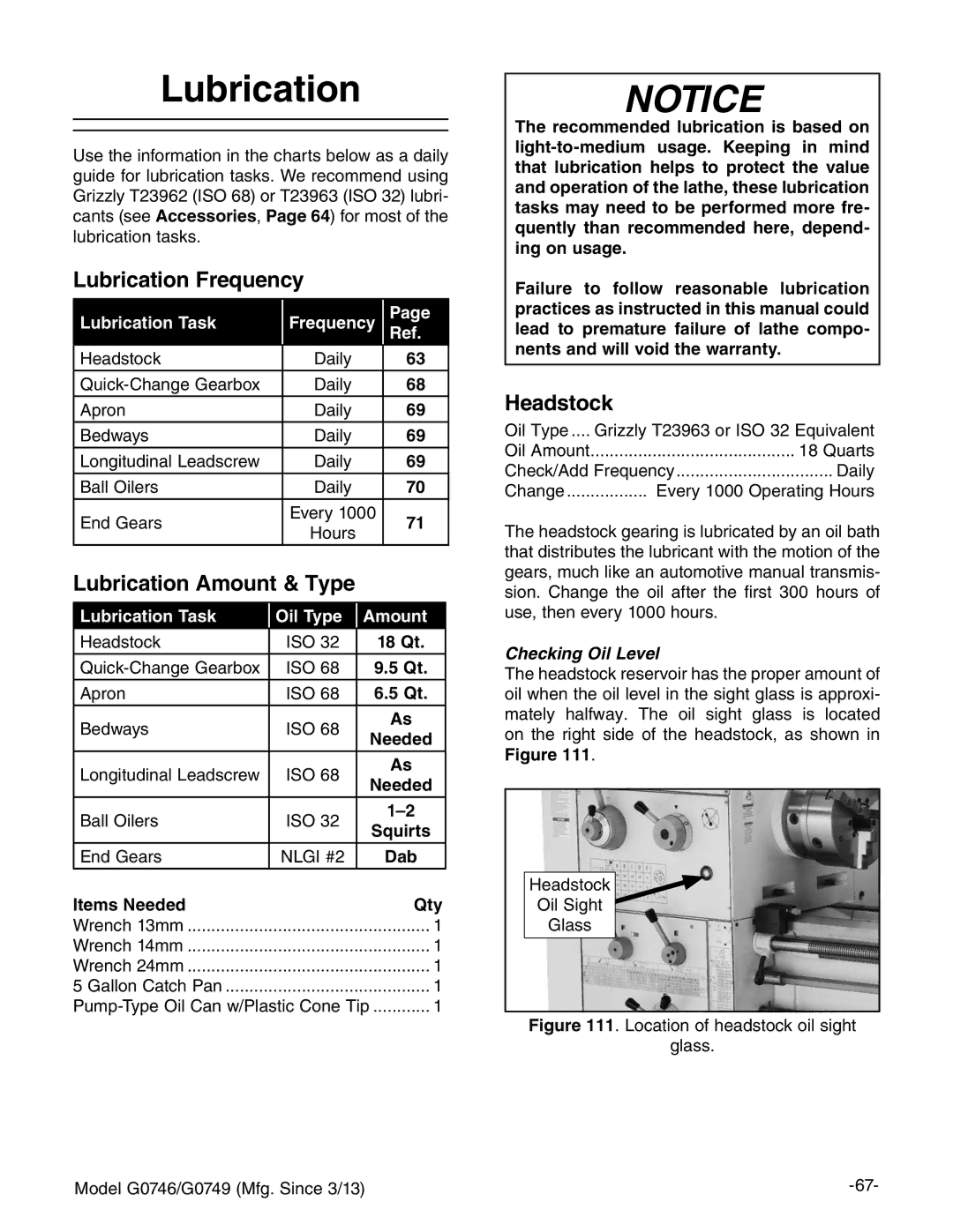 Grizzly g0749, g0746 owner manual Lubrication Frequency, Headstock 