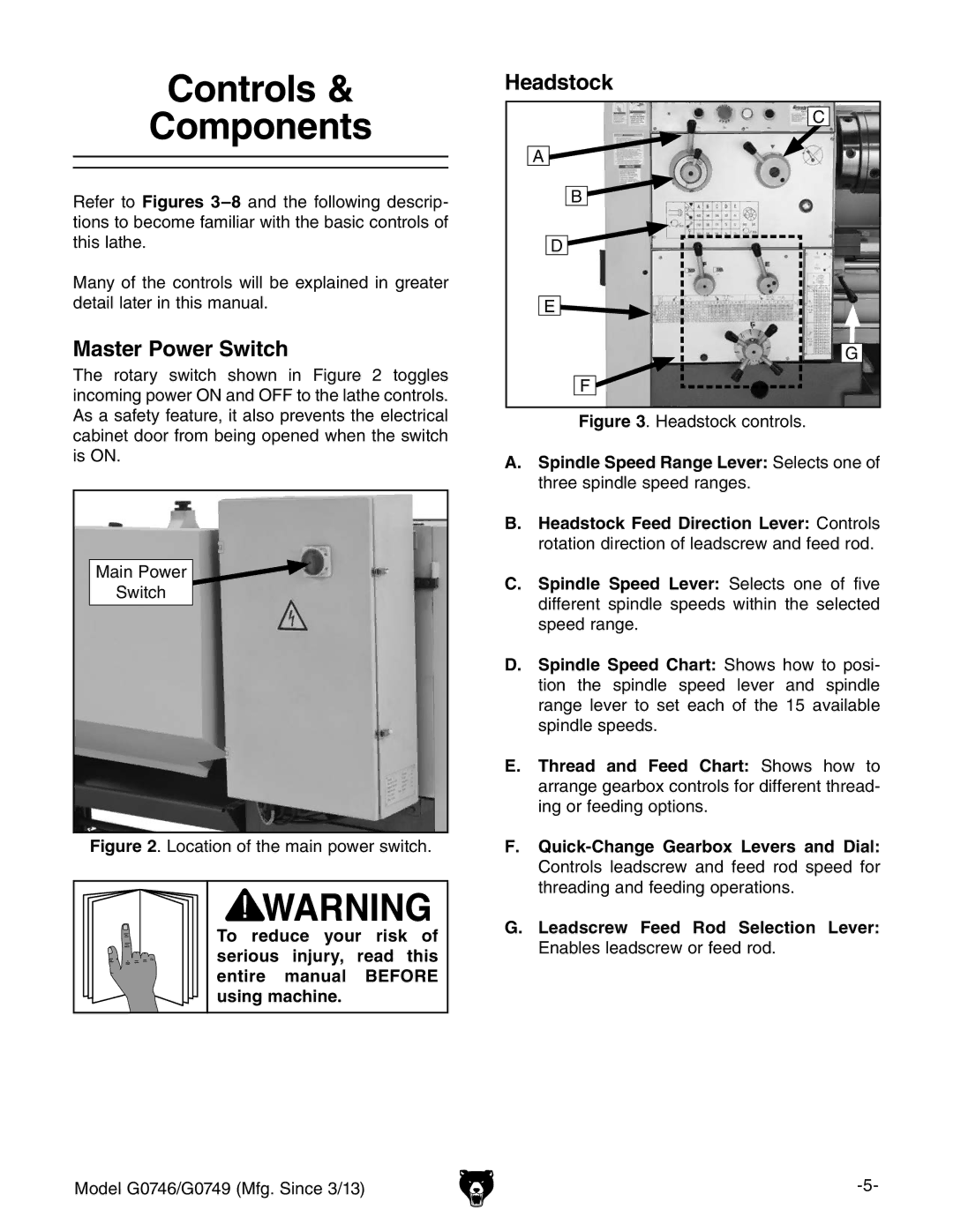 Grizzly g0749, g0746 owner manual Controls Components, Master Power Switch 