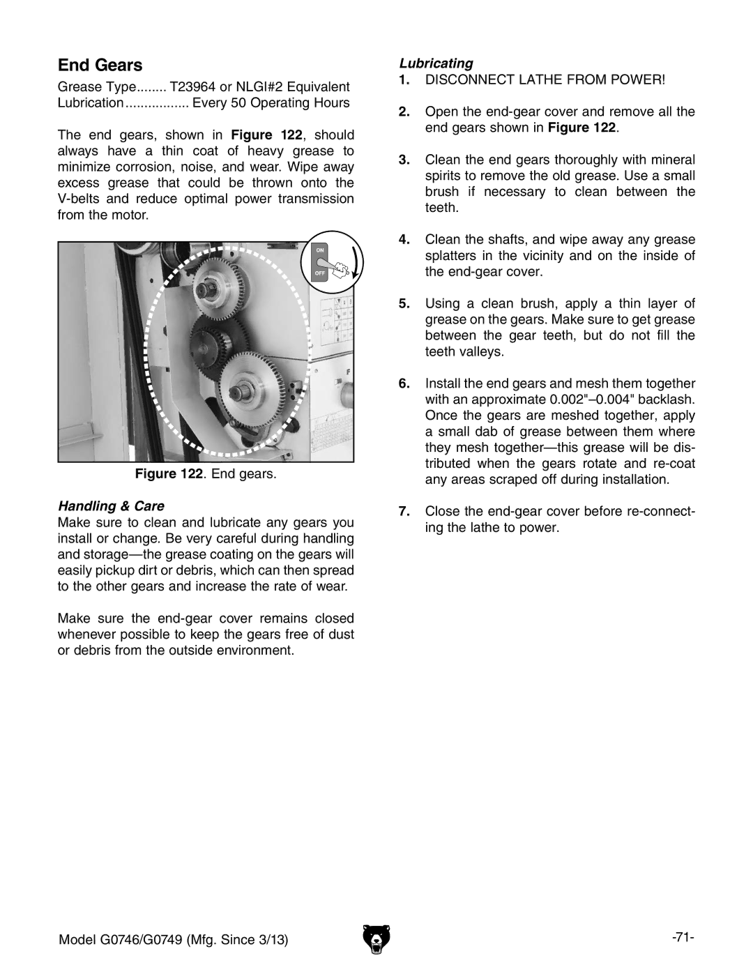 Grizzly g0749, g0746 owner manual Handling & Care 