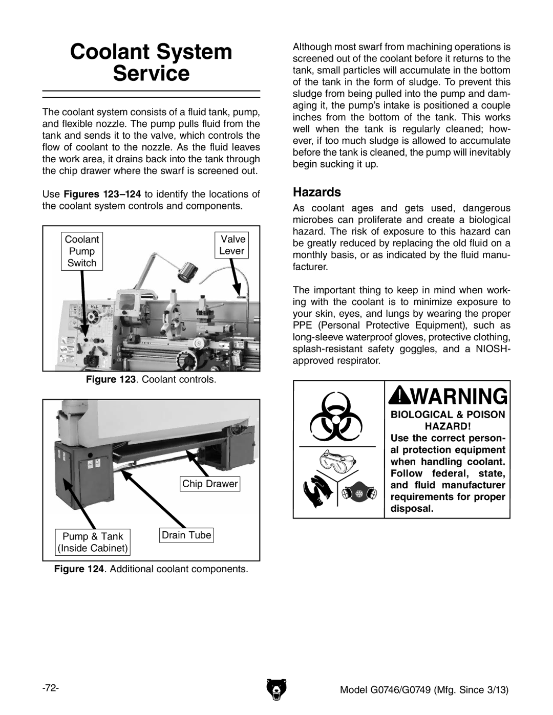 Grizzly g0746, g0749 owner manual Coolant System Service, Hazards 