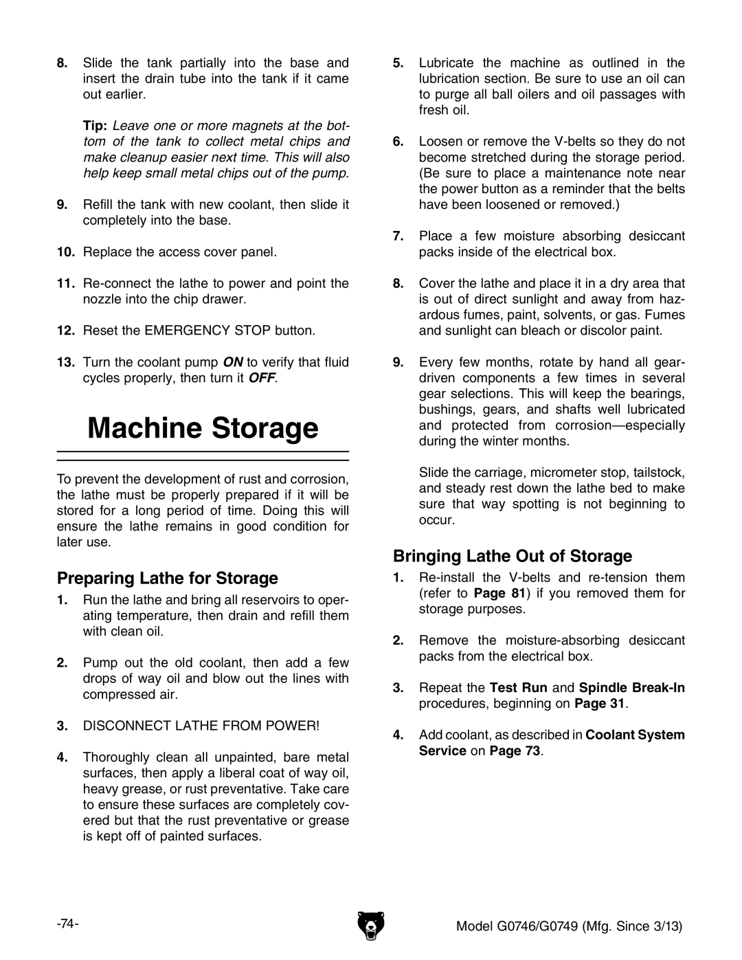 Grizzly g0746, g0749 owner manual Machine Storage, Preparing Lathe for Storage, Bringing Lathe Out of Storage 