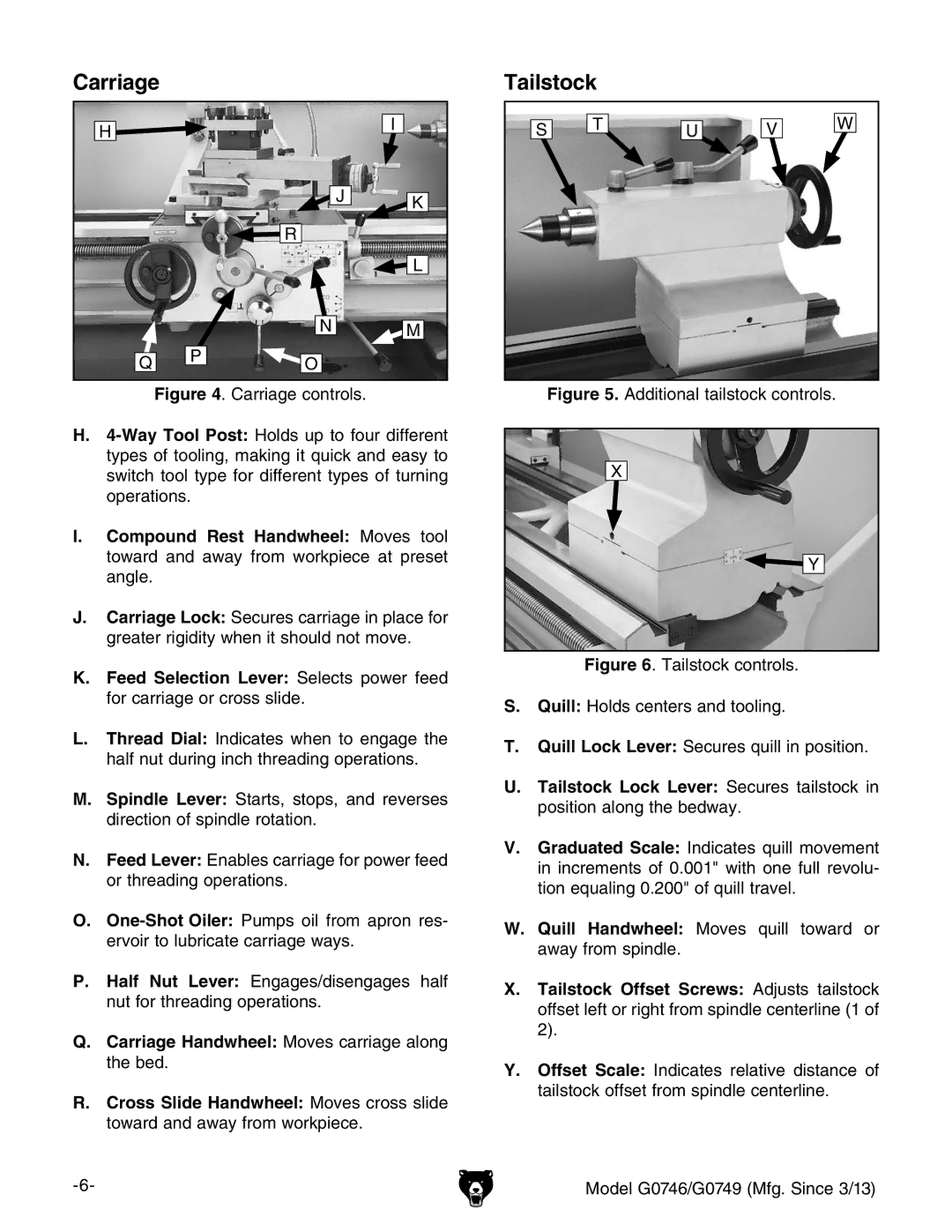 Grizzly g0746, g0749 owner manual Carriage, Tailstock 